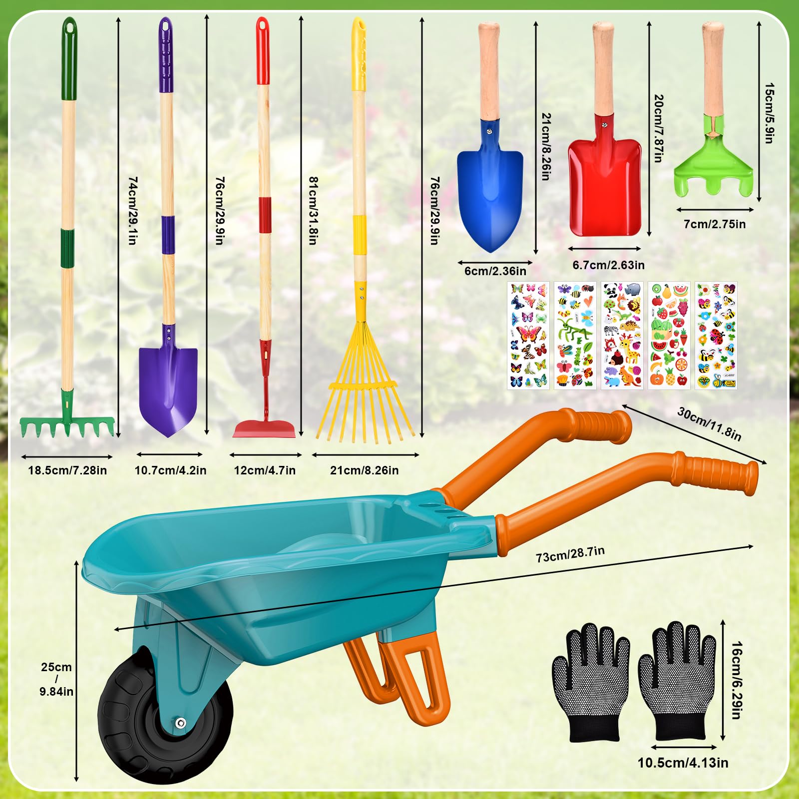 Aragallant Brouette Enfants, 14PCS Ensemble de Jardinage avec Outils de Jardin, Bêche, Râteau, Gants et Accessoires, brouette Jardin Kit de Jeu Éducatif pour Enfants 3 Ans