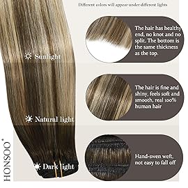 Honsoo Chocolate Brown To Blonde Clip in Hair Extensions Real Human Hair 20inch 70g 7pcs Ombre Straight Silky Blonde Brown For Women Natural Hair