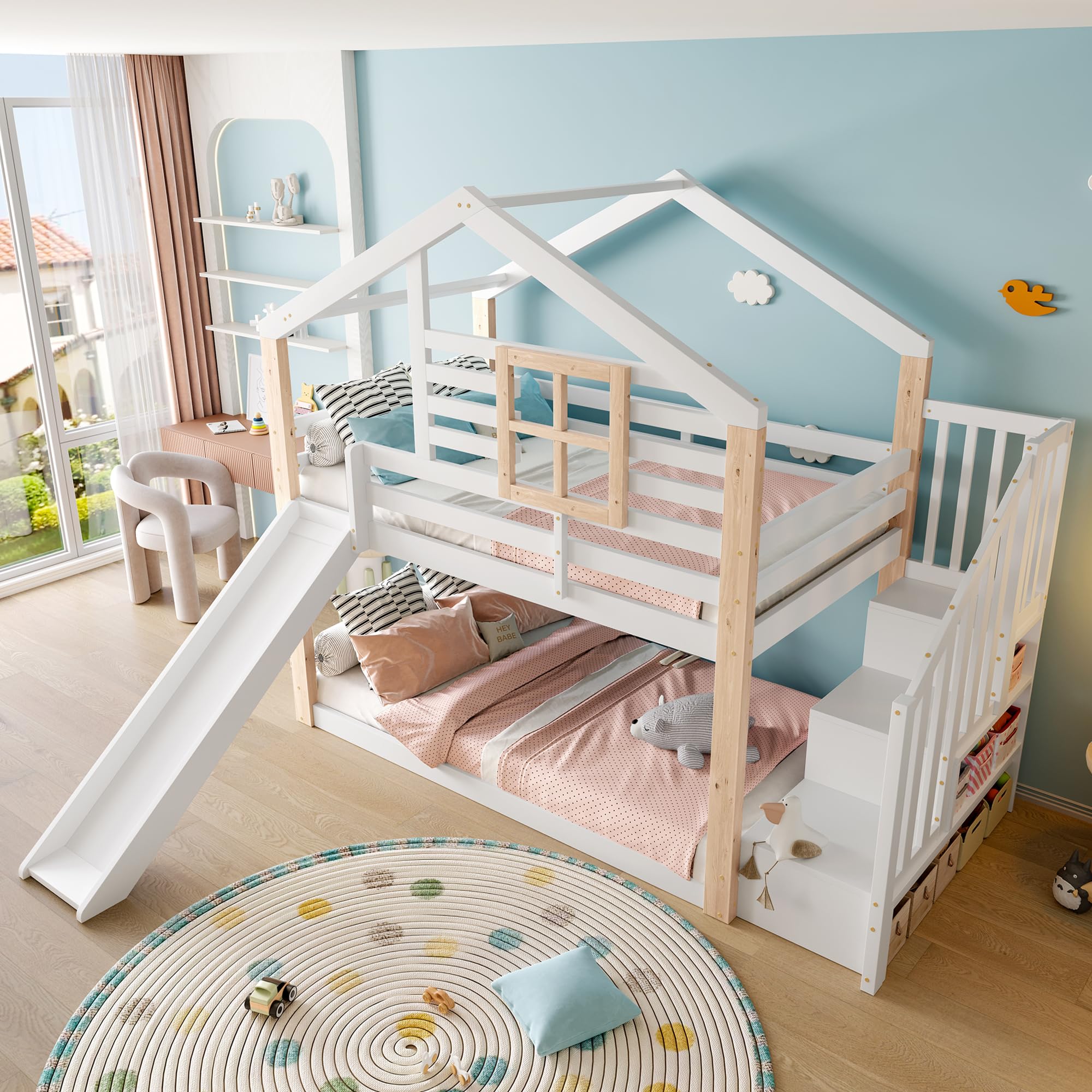 Zepneiy Lit Cabane Enfants 90x200 avec Toboggan et fenêtre, Lit Superposé 2 Places avec Rampe et Espace de Rangement, pour Les frères et sœurs, en Bois Massif Blanc (sans Matelas)