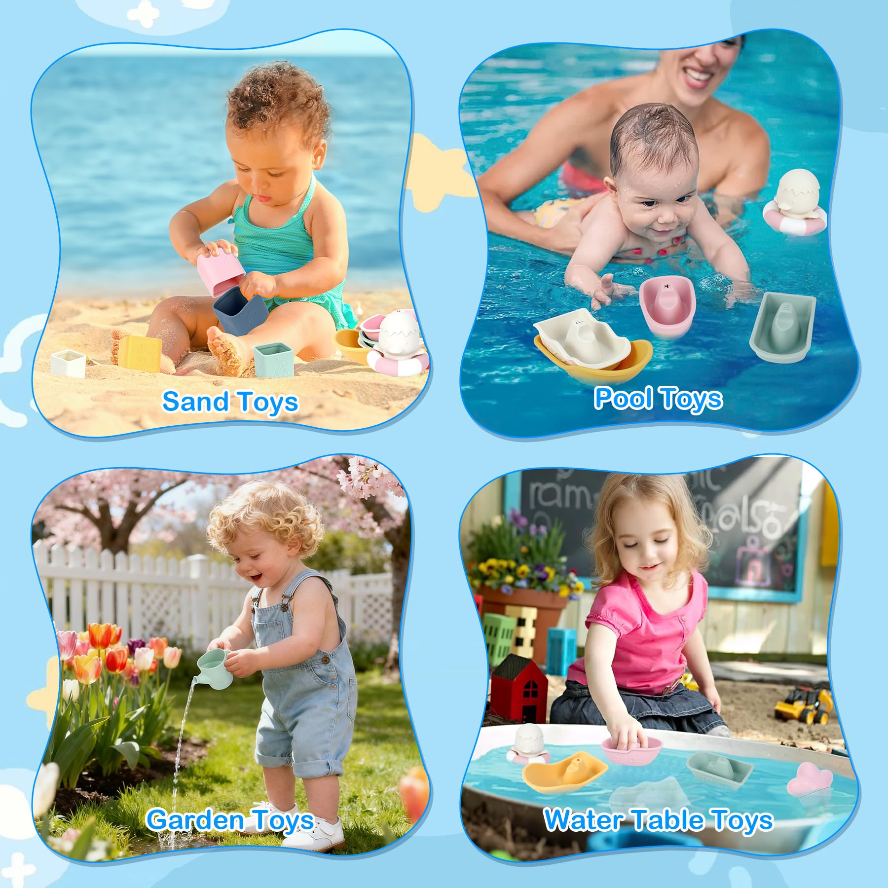 MCGMITT Juguetes Montessori para Bebés Set de Baño de Silicona 12 Piezas BPA-Free Juguetes Flotantes, Vasos Apilables, Patitos, Juguete Educativo Sensorial para Desarrollo Cognitivo Regalo 6-36 Meses