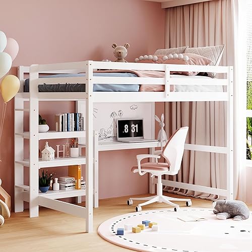 Harper & Bright Designs Full Size Loft Bed with Desk and Bookshelf, Wooden Loft Bed Frame with Storage and Writing Board - White