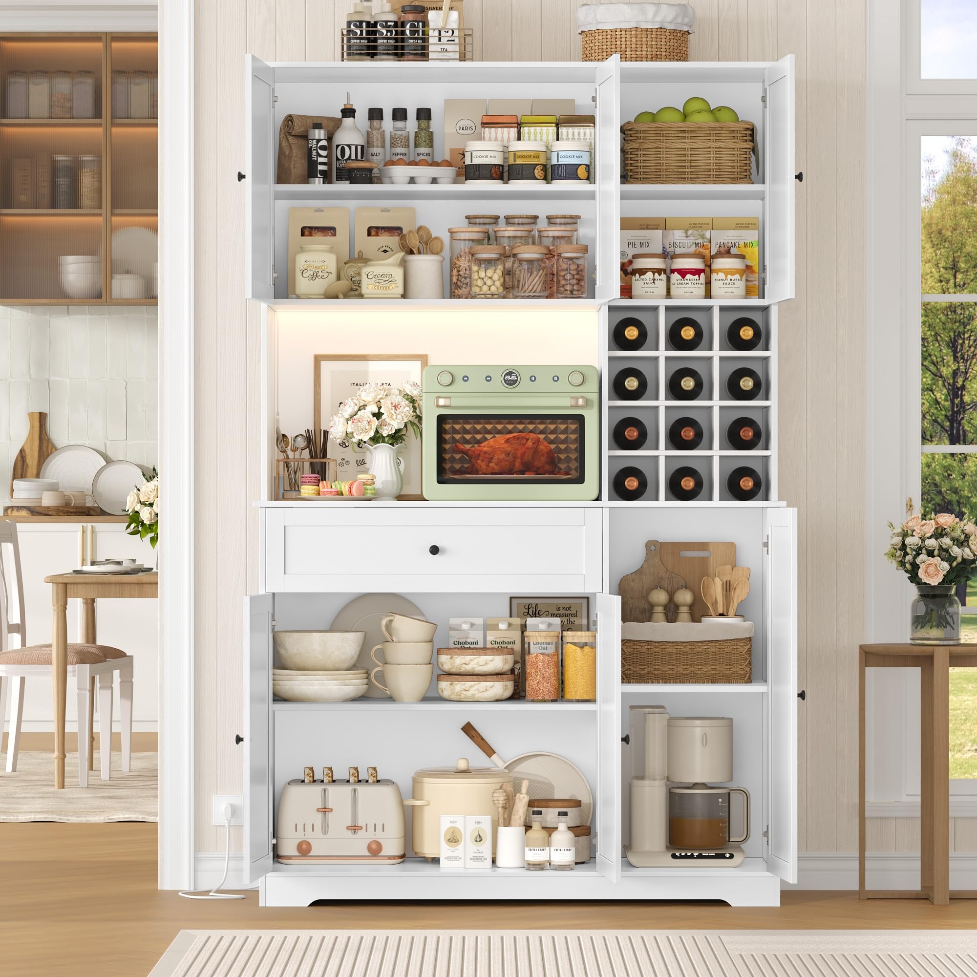 FirFurd Alacena Cocina Grande, Armario Cocina Almacenaje, Mueble de Cocinas | Armario Despensa Cocinas con Iluminacion LED, Regleta, Encimera, Botellero 12 Botellas, 1 Cajón 100x39x180cm Blanco