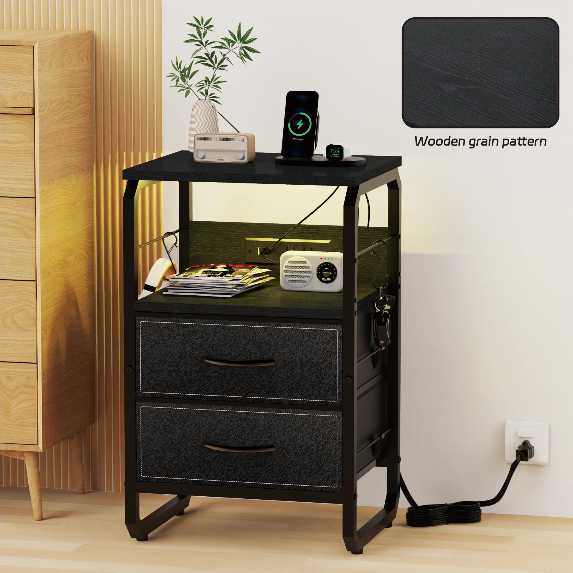 runjuly Nightstand with Light, LED End Table with Drawers and Charging Station Type C Port, Small Bedside Table with Hooks, Storage Dresser Side Table for Living Room, Bedroom, Dorm, Black