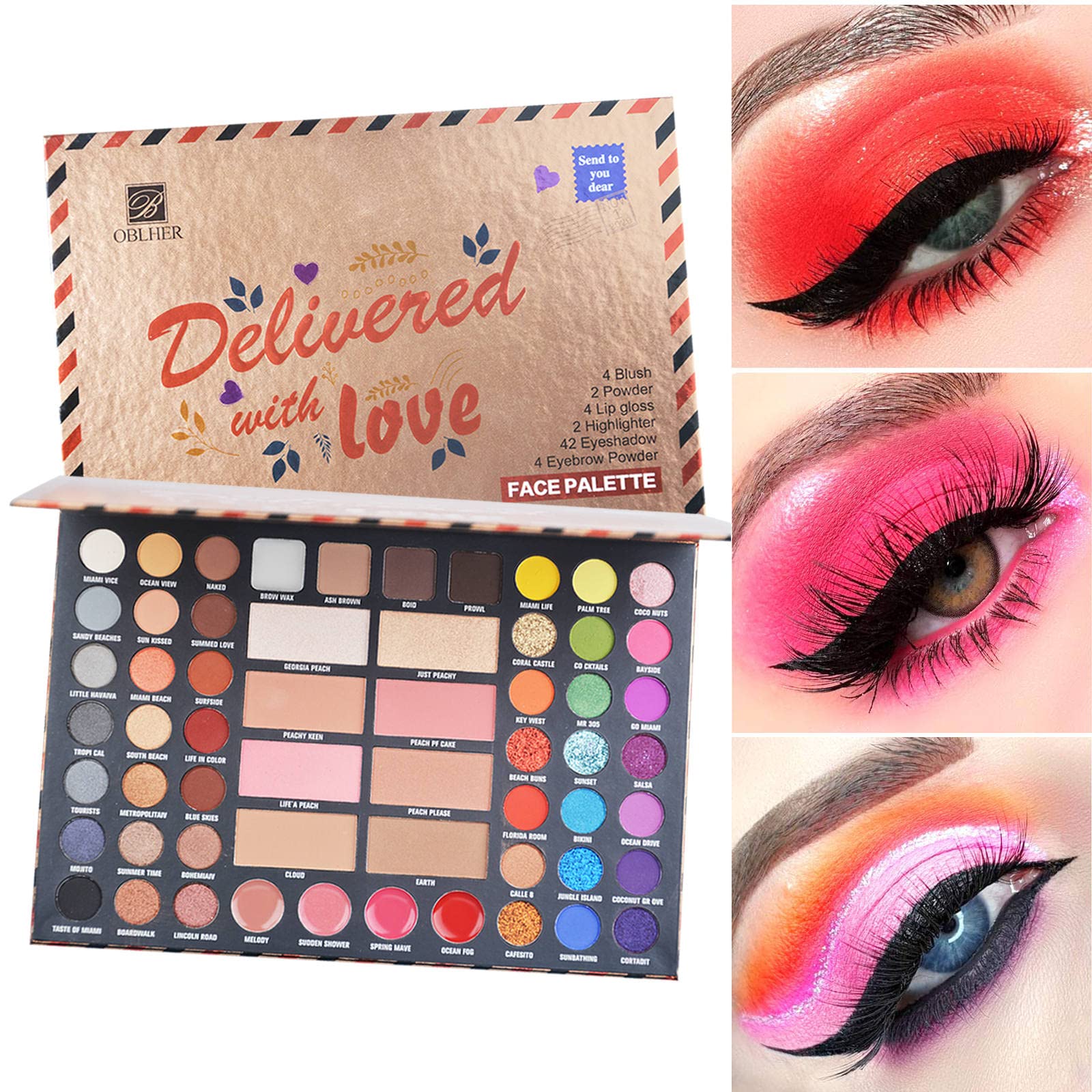 Palette di ombretti con 7 pennelli da trucco, 42 colori, impermeabile, a prova di sudore, cipria, lucidalabbra, lucidalabbra, cipria, tutto in uno, kit regalo