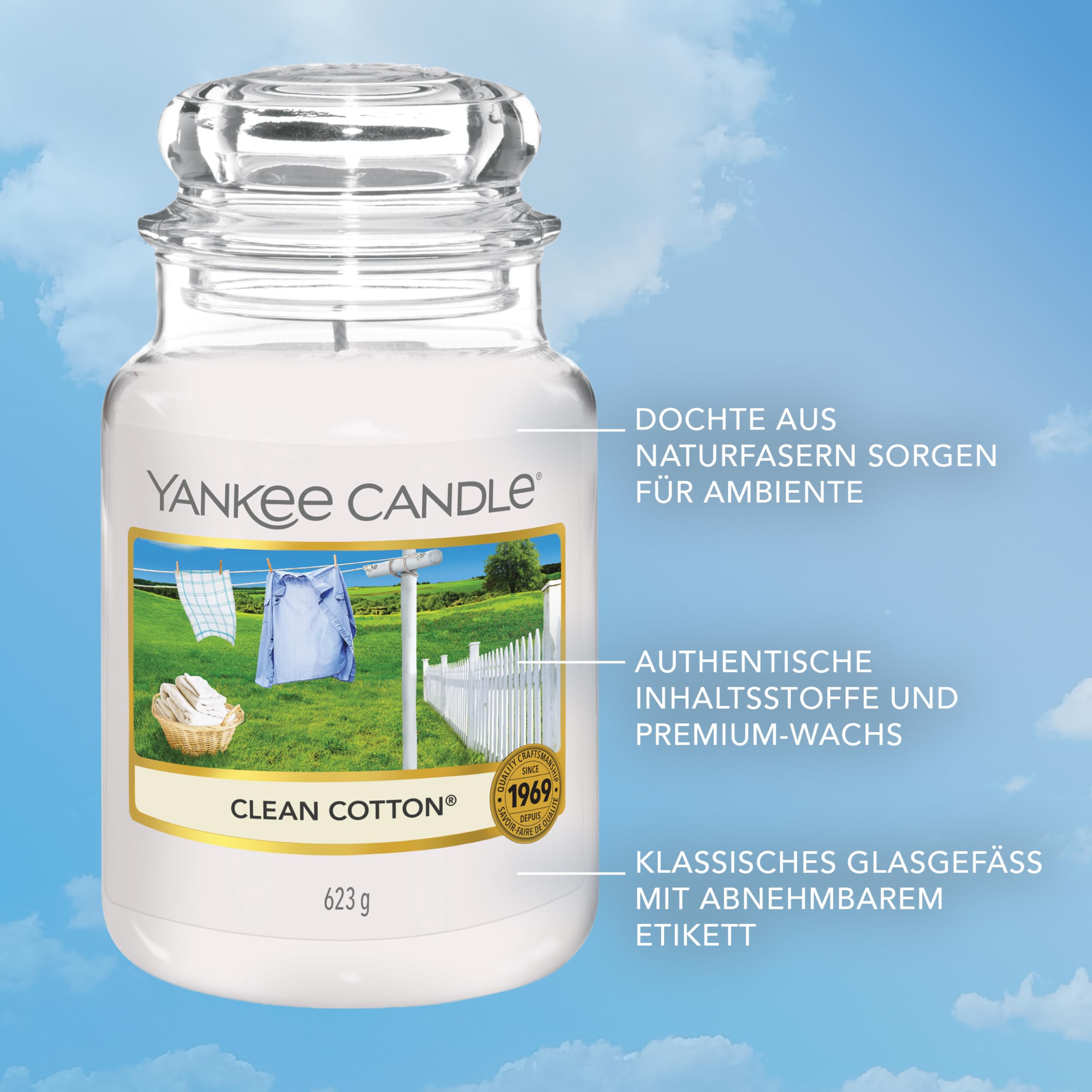 Yankee Candle Duftkerze im Glas (groß) | Clean Cotton | Kerze mit langer Brenndauer bis zu 150 Stunden