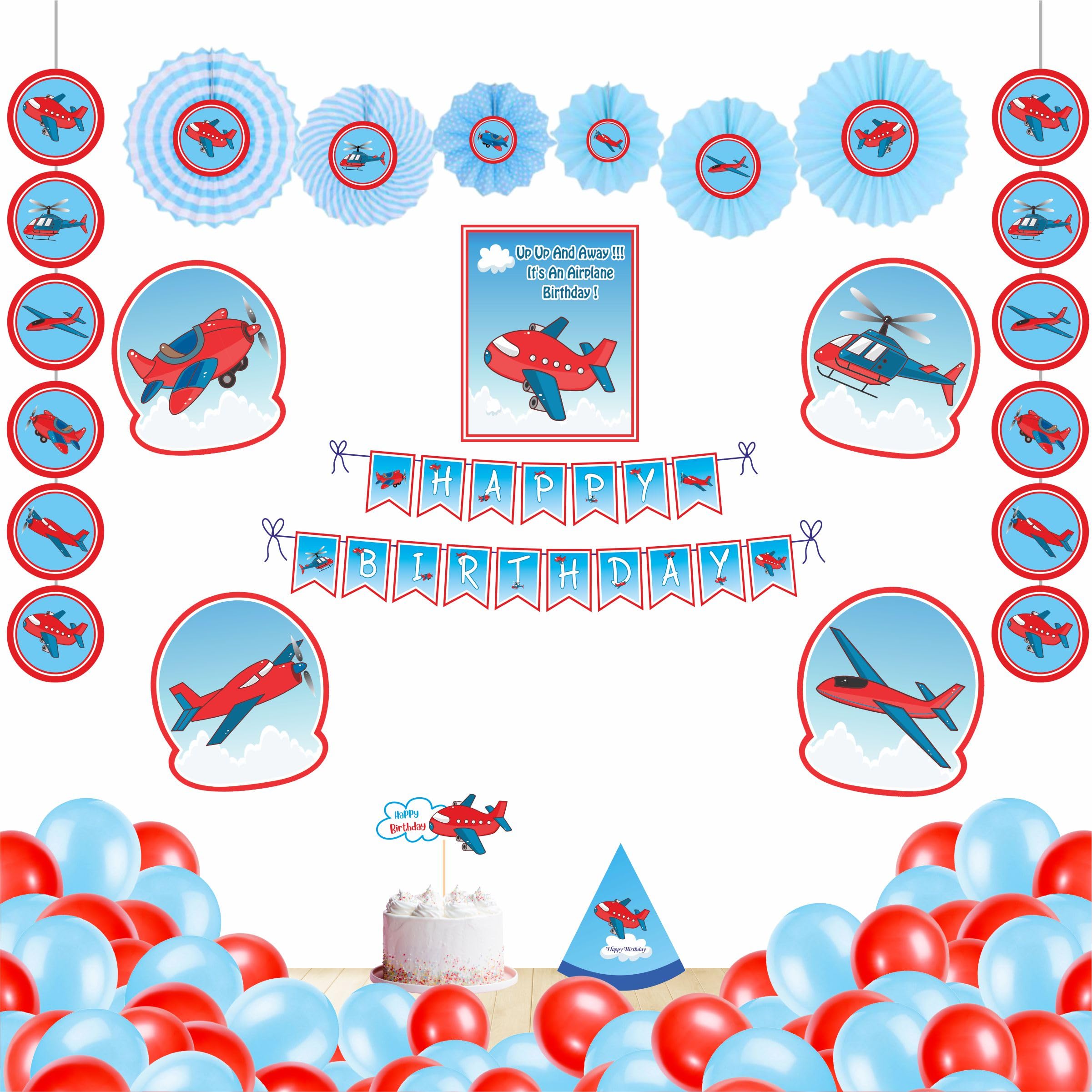 Untumble Aeroplane Birthday Decorations for Boys or Girls | Perfect Aeroplane Theme Decorations with Happy Birthday Banner, Plane Posters, Paper Fans, Balloons & Cake Topper | Pack of 56