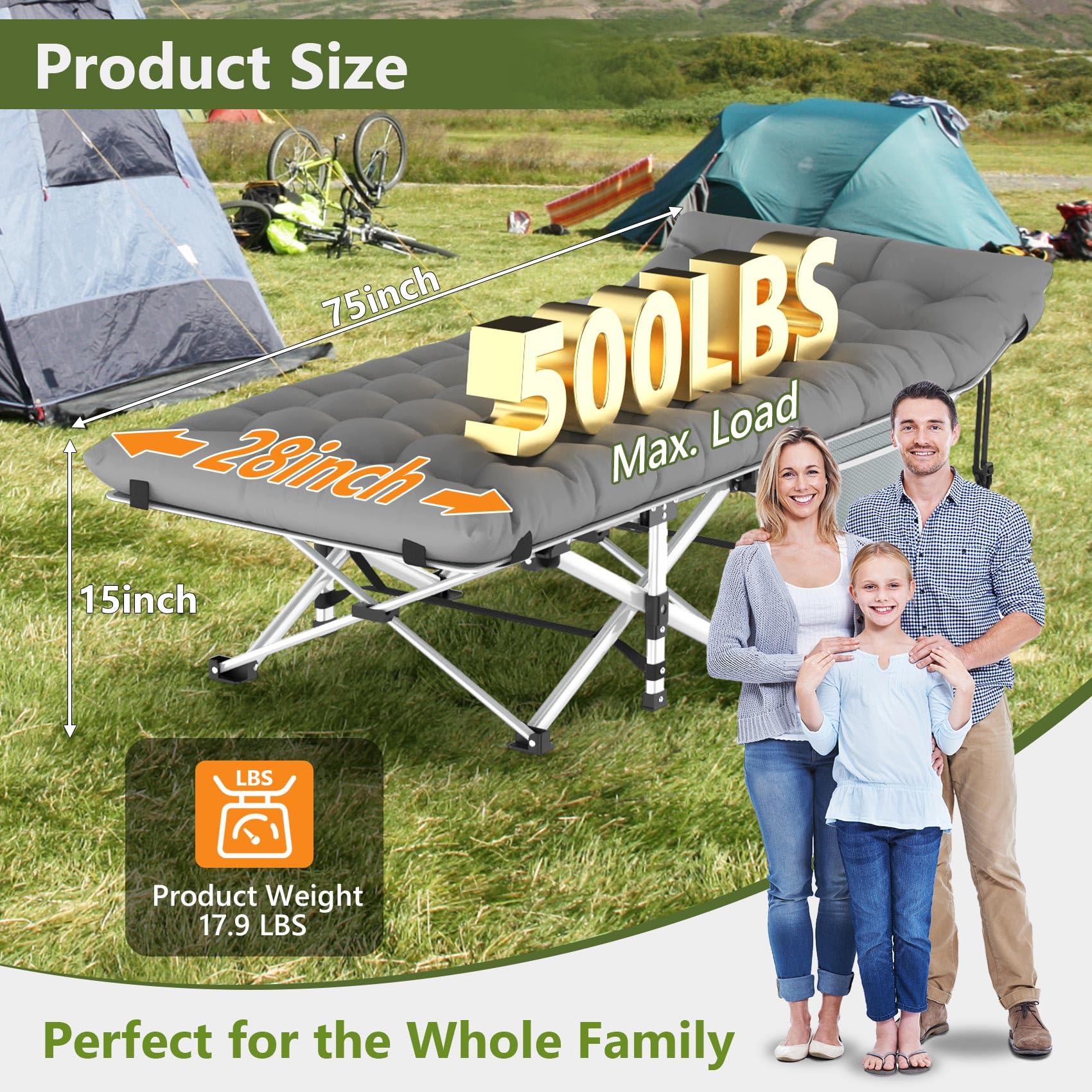 Slendor Camping Cot, Folding Camping Cots for Adults, Portable Sleeping Cot with Carry Bag, 1200D Double Layer Oxford, Camp Cot Bed for Guest Travel, Hiking, Support 500lbs, Charcoal Grey