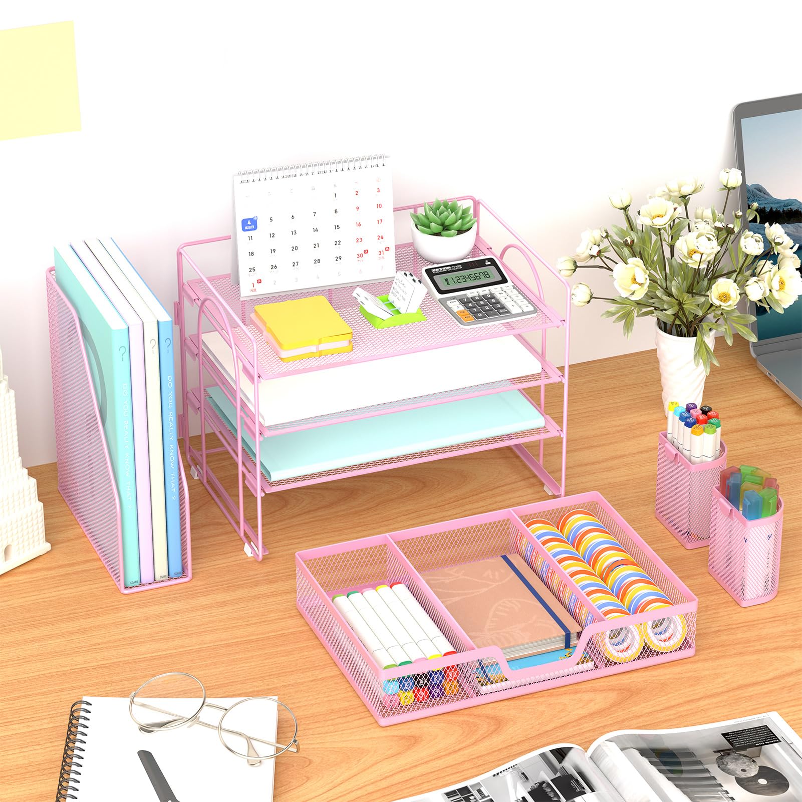 Marbrasse Organizer da scrivania e accessori, organizer per lettere a 4 livelli con porta documenti, accessori da scrivania e spazio di lavoro, organizer da scrivania con cassetto e 2 portapenne, per