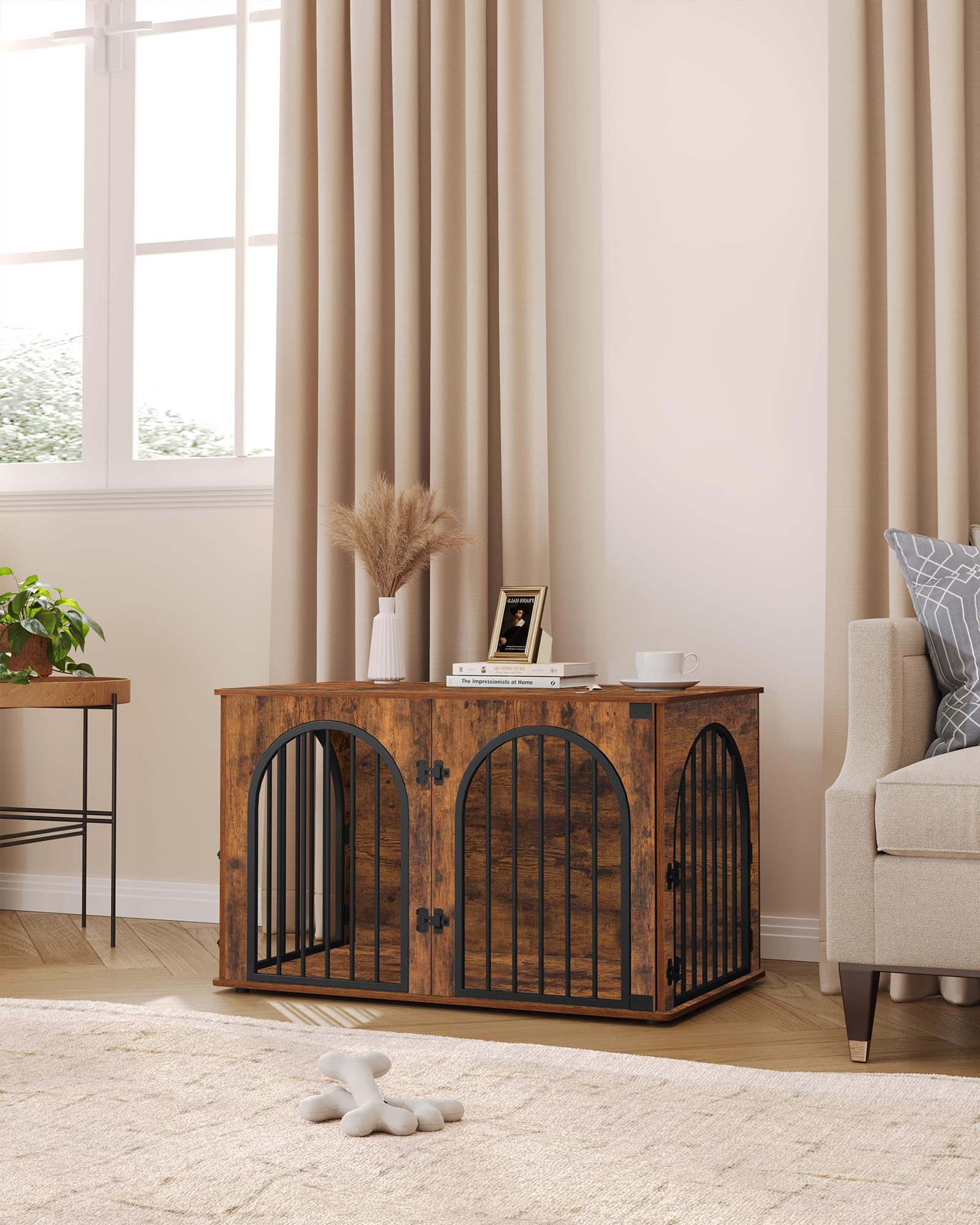 Hzuaneri 100cm Jaula para Perros, Mesa Auxiliar, casa Moderna para Perros, Jaula Perro Grande para Casa de Madera, dúplex para Animales, 3 Puertas, Puerta arqueada, 60 x 100 x 63 cm, Marrón Rústico
