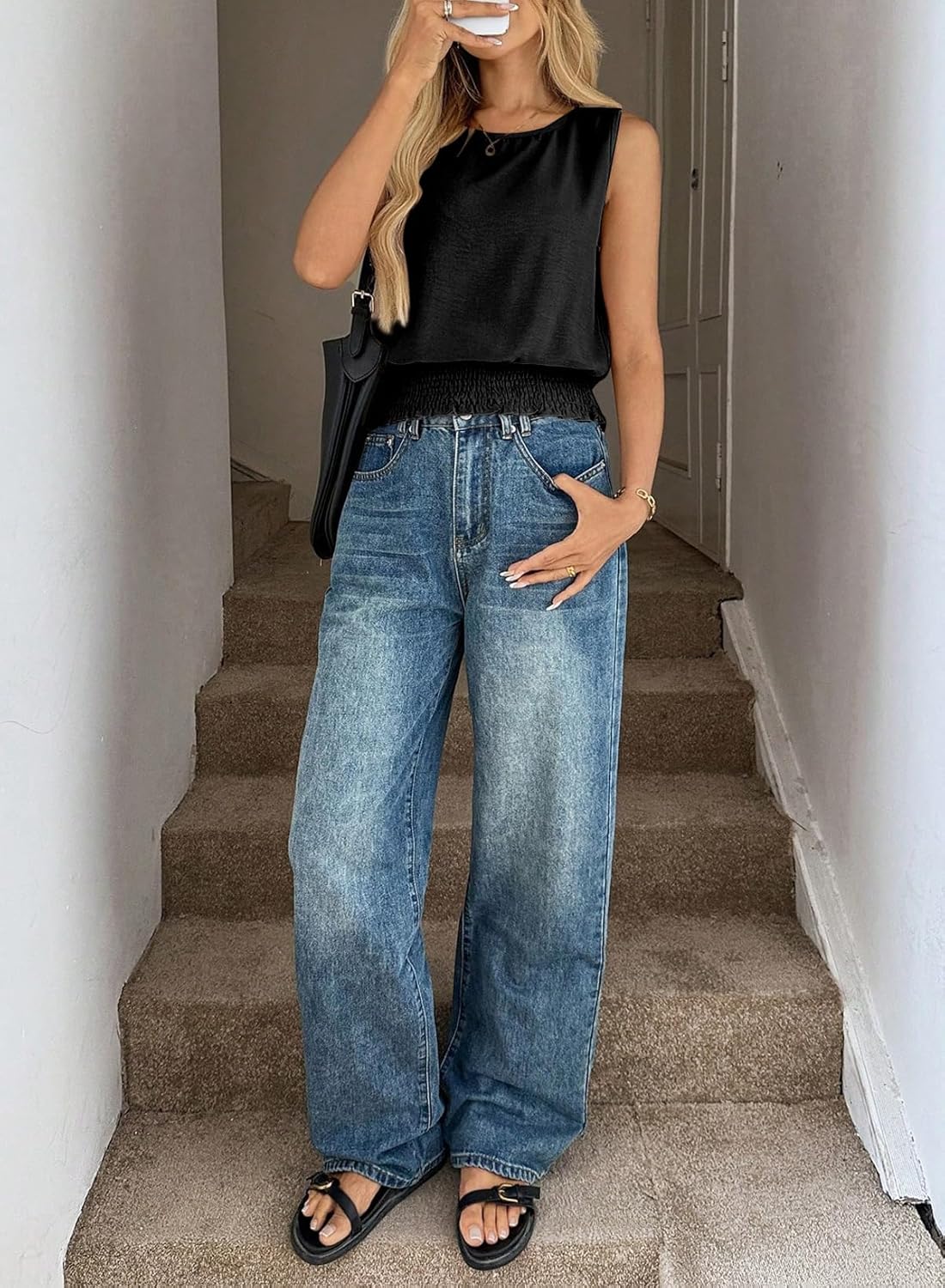 BLENCOT Summer Tank Tops for Women Sleeveless Casual Boho Cami Slim Fit Smocked Bottom Shirts - Image 5