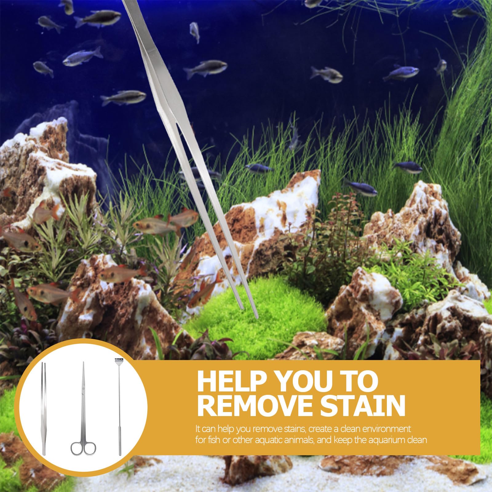 HOMSFOU Kit D'outils pour Aquarium Pinces 38 Cm, Ciseaux 25 Cm et Grattoir 46 Cm en Métal, pour Aquascaping et Nettoyage D'aquariums d'eau Douce et Salée, Accessoires de Maintenance