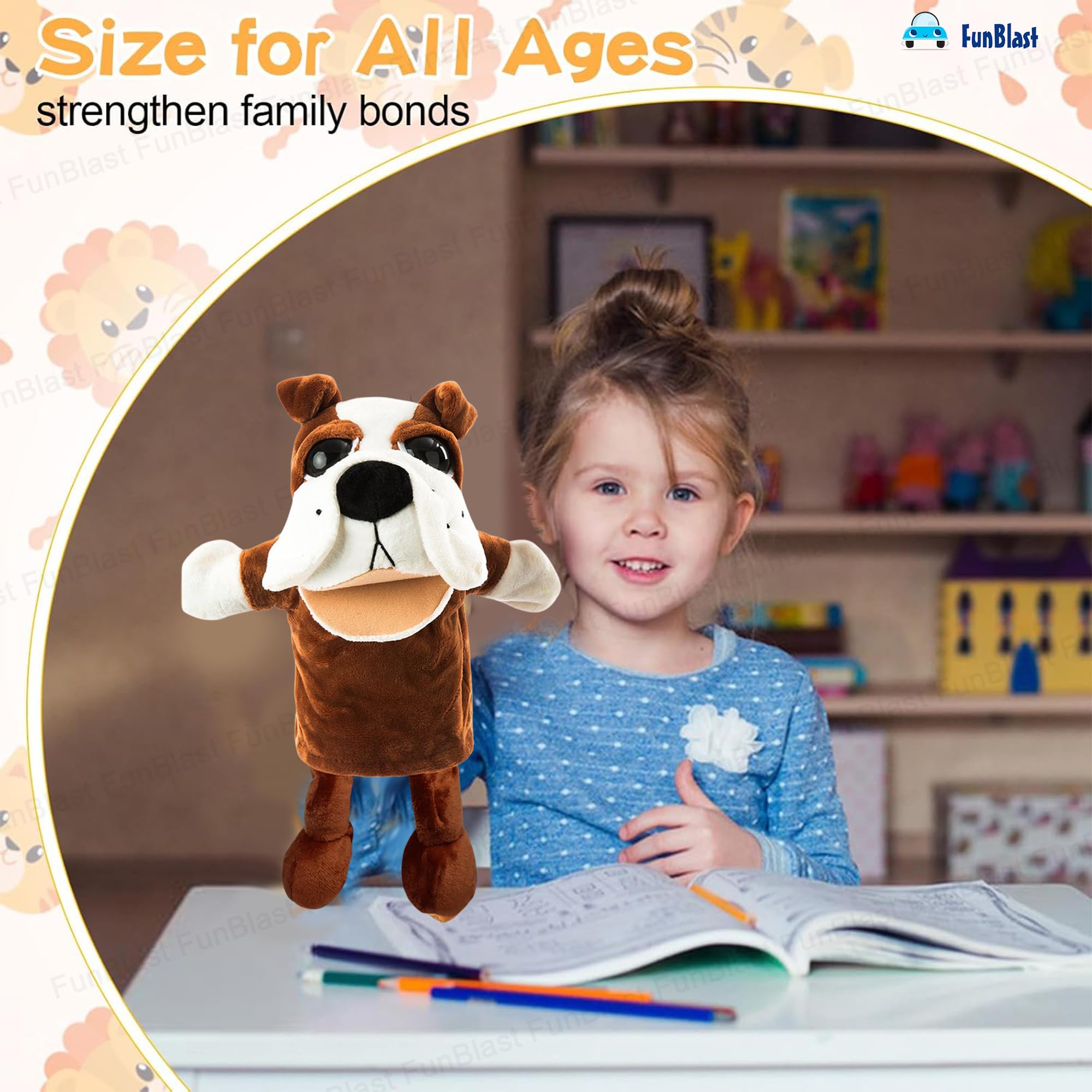 FunBlast Hand Puppets for Kids - Cute Animal Soft & Interactive Plush Puppets for Storytelling, Role Play & Learning Toys, Perfect for Toddlers & Children (Bull Dog) 3