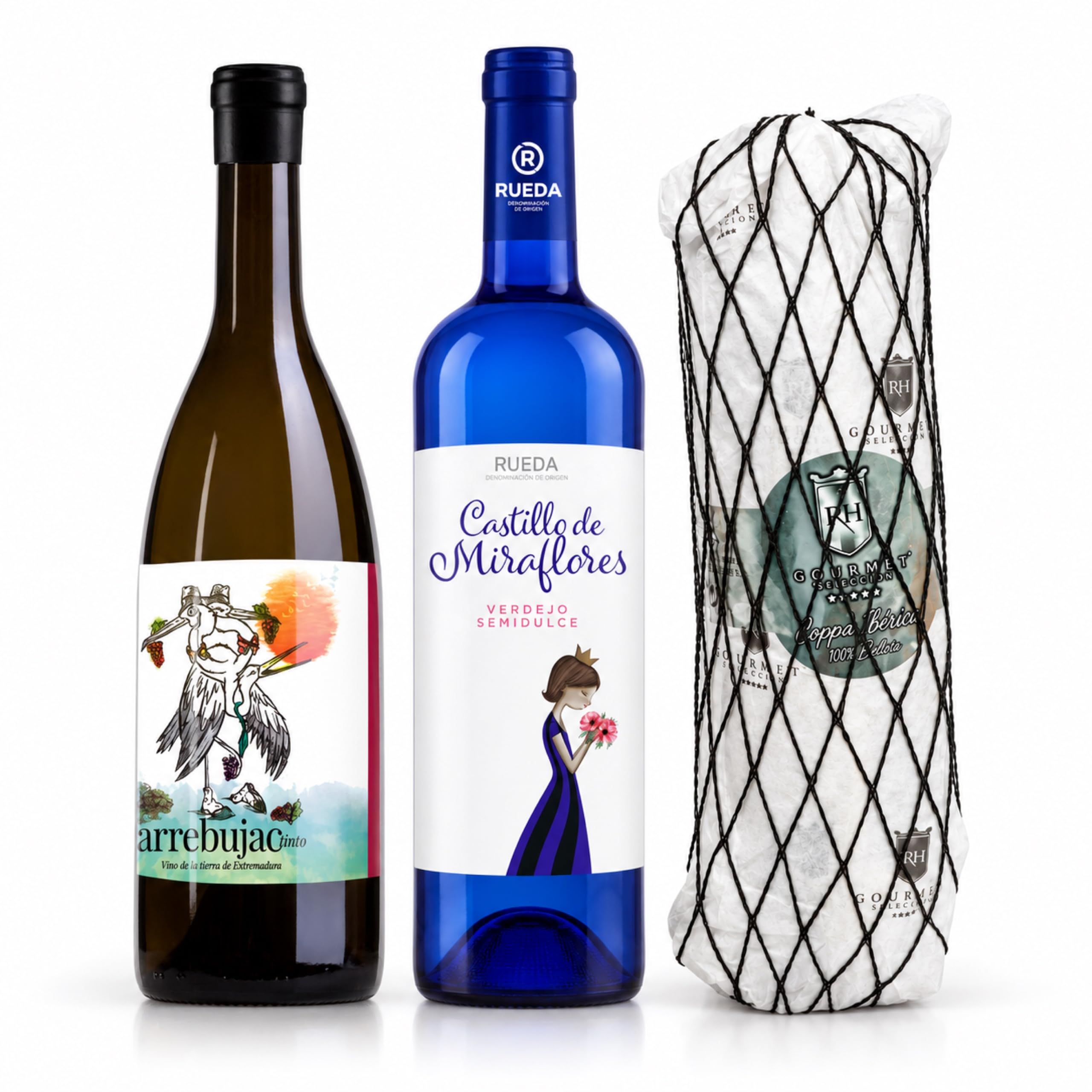 Cesta gourmet Navidad Arrebujao Tinto y Castillo de Miraflores con coppa ibérica de bellota 100% 800 g RH Gourmet, pack de 2 botellas 75 cl