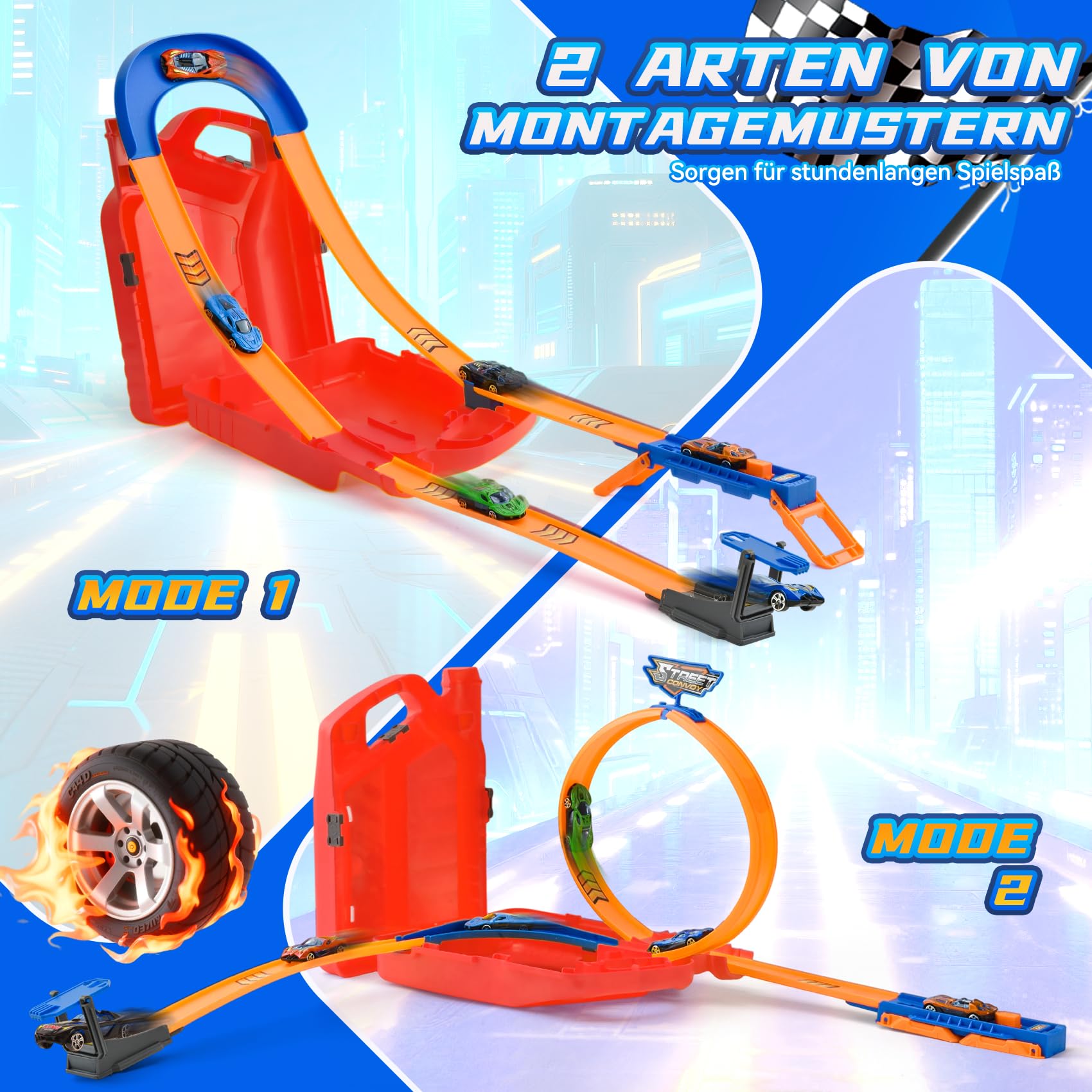 Pista de Coches para Niños,Juguete Pistas Portátil con 6 Vehículos+Circuito con Giro Vertical y U-Track,2 en 1 Portátil,Track Builder Caja Lata de Gasolina,Juguete Niños 3-8 Años (Rojo)
