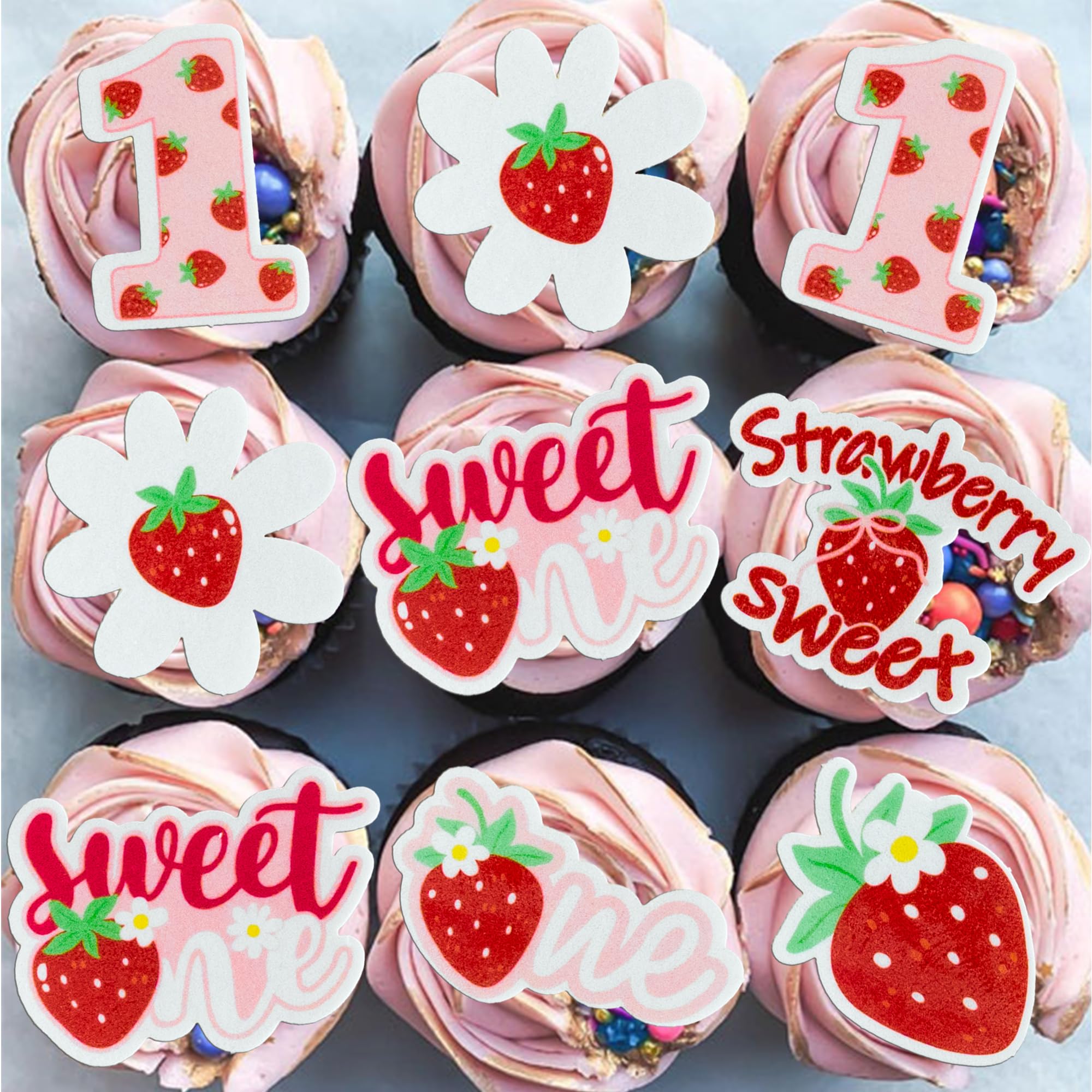 Gyufise 60Pcs Edible Sweet One Strawberry Cupcake Toppers Flower Strawberry First Birthday Cake Decorations Berry Strawberry Cupcake Picks for Baby Shower 1st Birthday Party Food Decorations Supplies