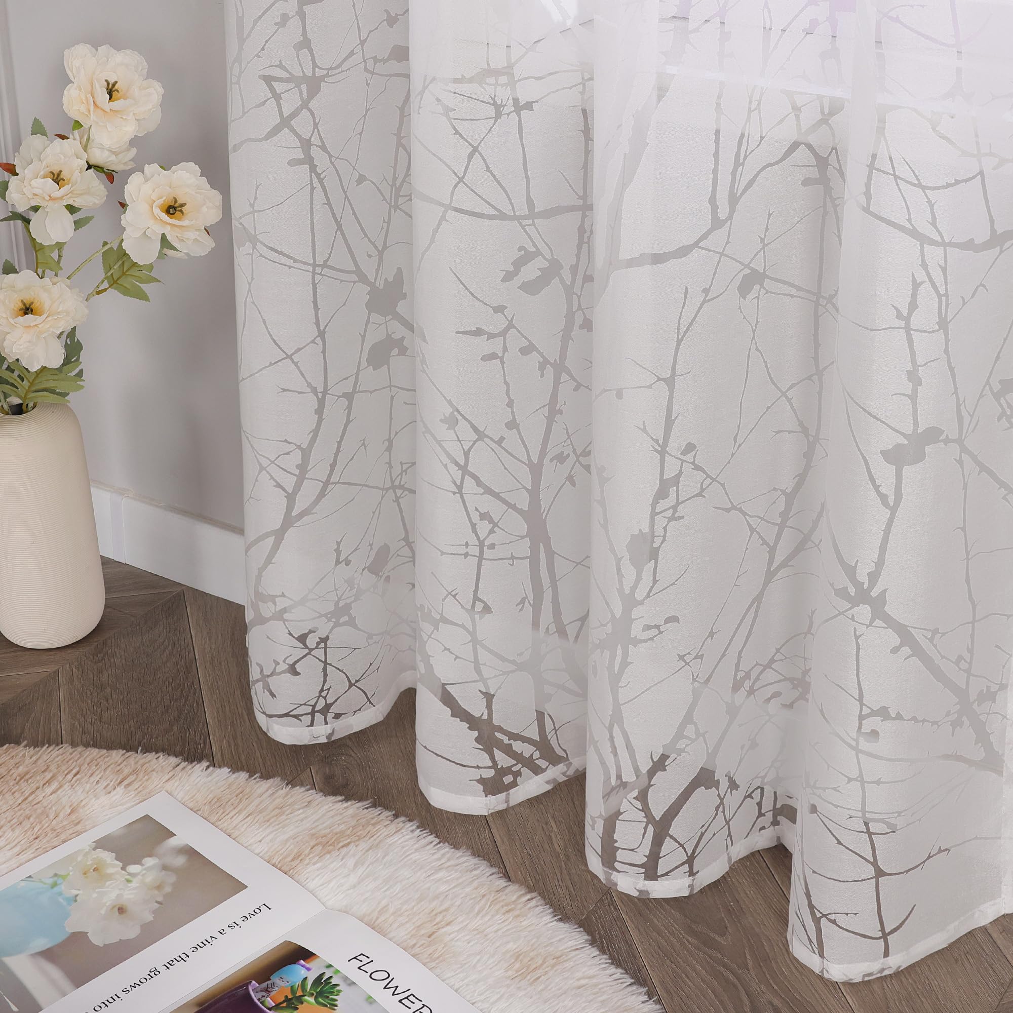 Delien Voile Ausbrenner Gardine mit Äste Muster transparenter Vorhang mit Ösen Wohnzimmer Gardinenschals BxH 140x245cm Weiß 1 St.