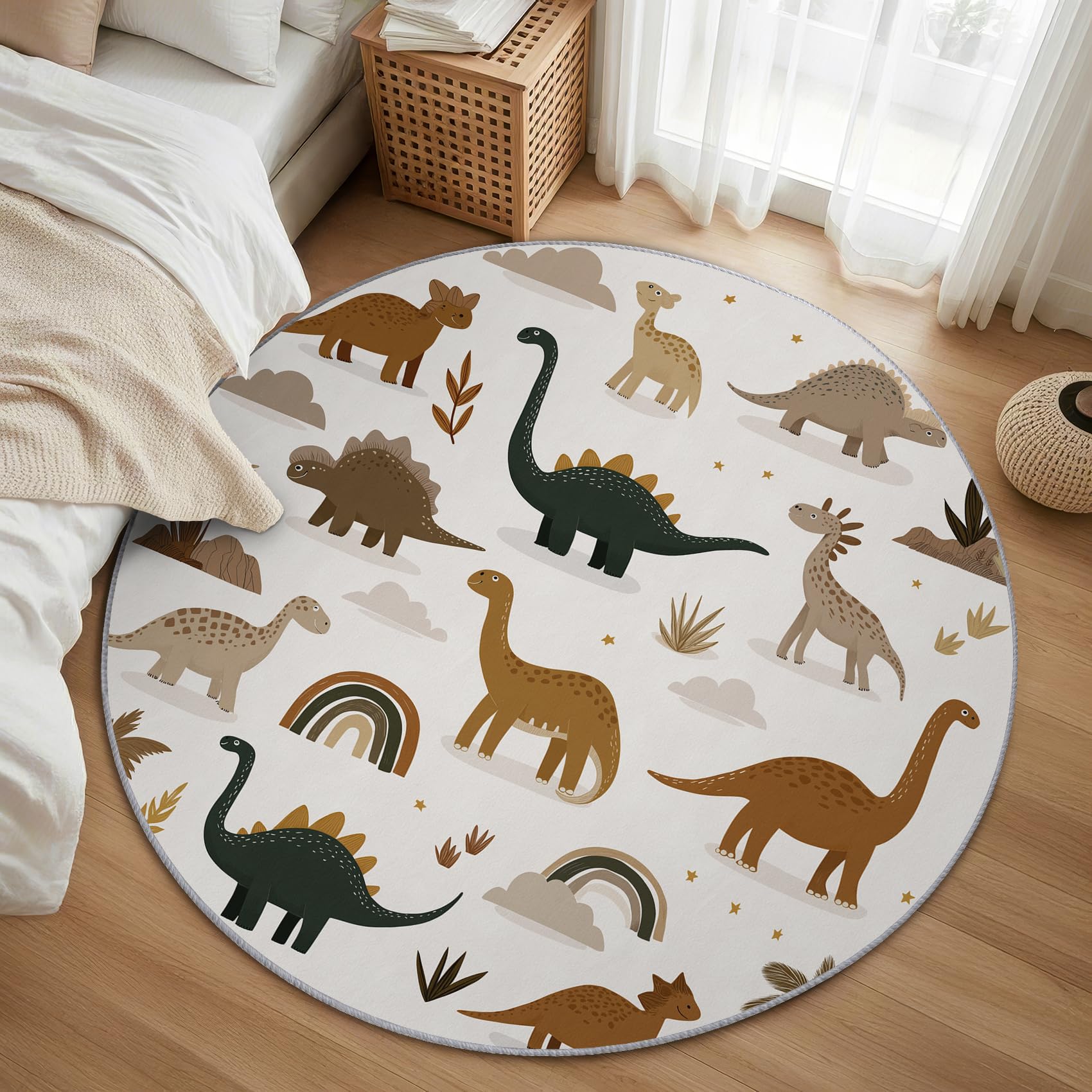 Dinosaurier Kinder Teppich Rund 120cm Kurzflor - Waschbare Teppiche Wohnzimmer Niedlich Cartoon Dino - Runder Teppich 120 Durchmesser Kinderzimmer - Bettvorleger Schlafzimmer rutschfest