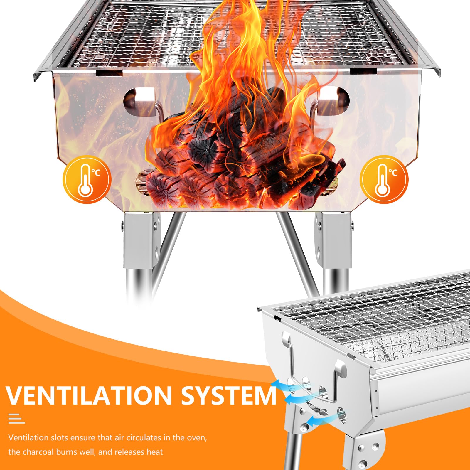 Barbacoa de carbón vegetal XXL, parrilla de carbón portátil, barbacoa plegable de acero inoxidable, barbacoa de carbón para exteriores, parrilla de pie, parrilla plegable (73 x 28 x 76 cm)