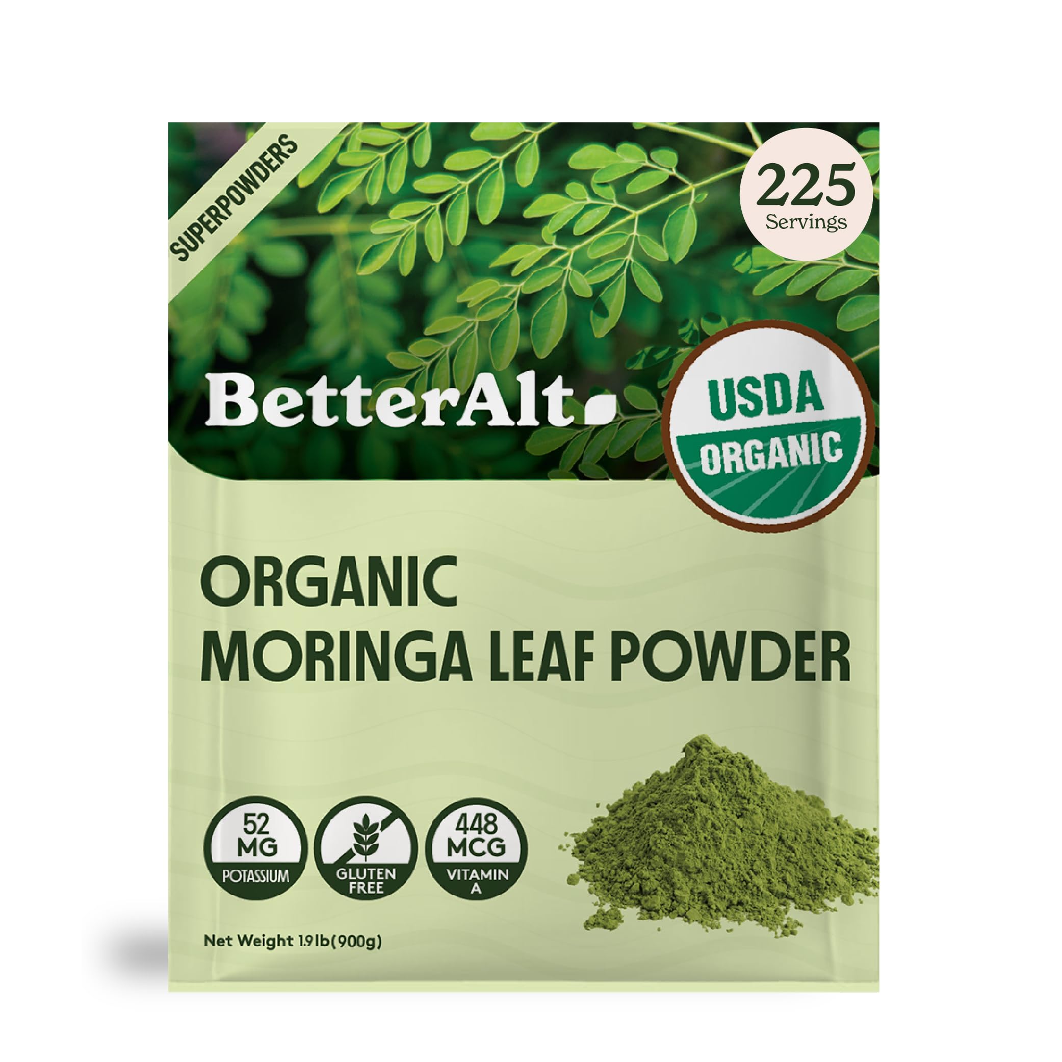 Better AltOrganic Moringa Powder, USDA Certified - Moringa Leaf Powder,Perfect for Smoothie,Tea, Drinks & Recipes, Green Superfood, Incept Moringa Olifera Powder- 225 Servings 2 lb