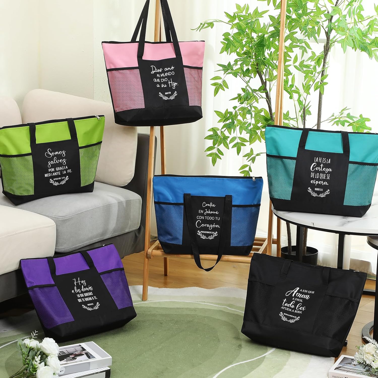 12 Pcs Mothers Day Christian Gifts Bulk Spanish Christian Tote Bags for Women Bible Canvas Bag with Mesh Bible Study Group Religious Church Gifts for Mother Nurse Coworker Teacher