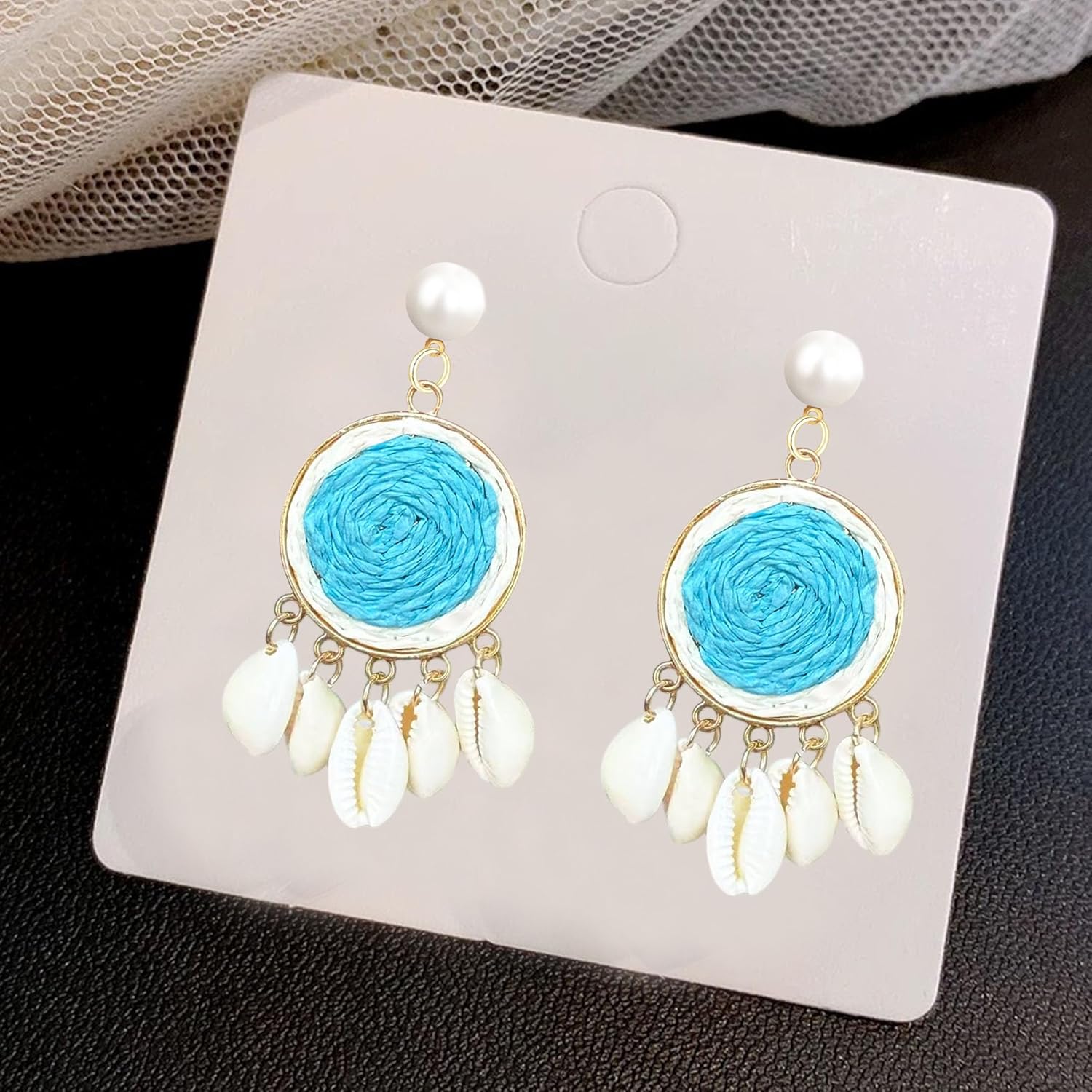 YUNXI Bohemian Shell Earrings for Women Geometric Round Weaving Pearl Stud Earrings Summer Seaside Vacation Jewelry - Image 6