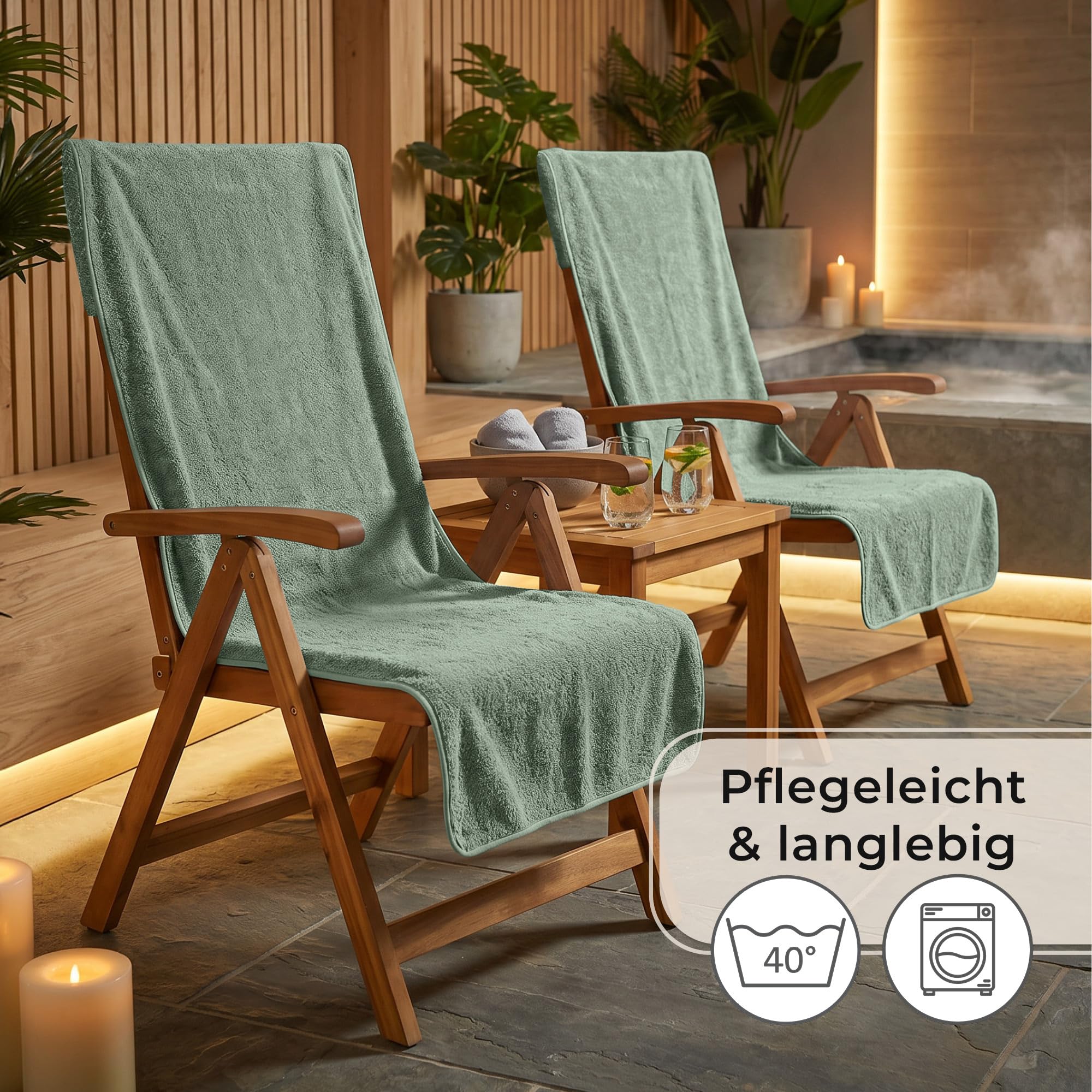 LAYNENBURG Premium Frottee Schonbezug für Gartenstuhl - 100% Baumwolle - Oeko-TEX 100 - Handtuch-Bezug Hochlehner - Stuhl-Bezug mit Umschlag für Camping-, Liege-Stuhl (65x130 cm grün)