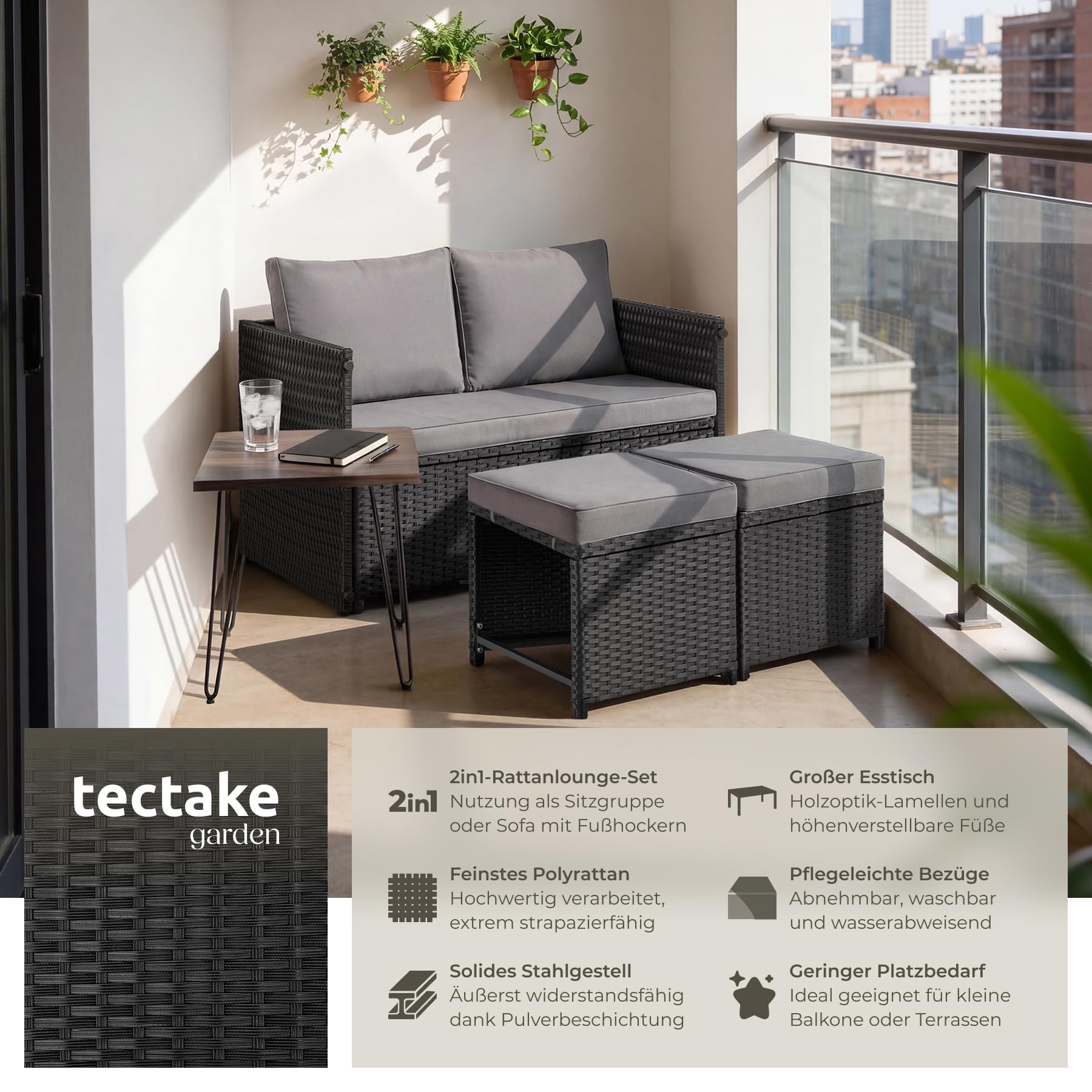 tectake® 2in1 Rattanlounge für 4 Personen, Set mit Tisch mit Schraubfüßen, Tischoberfläche in Holzoptik, Polyrattan Gartenmöbel, als Gartensofa oder Sitzgruppe, Terrassenmöbel, Lounge - schwarz