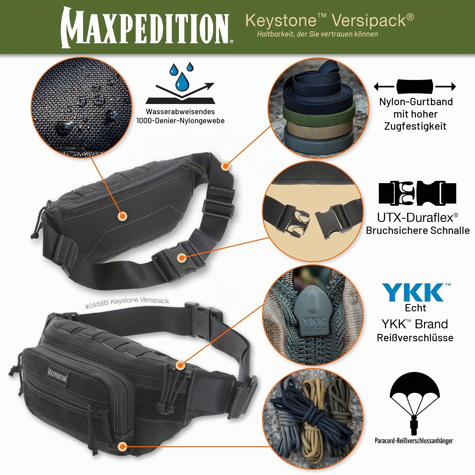 Maxpedition Keystone Versipack (35,6 x 15,2 x 15,2 cm), Taktische Umhängetasche, Bauchtasche für den täglichen Gebrauch, Schwarz 0456B