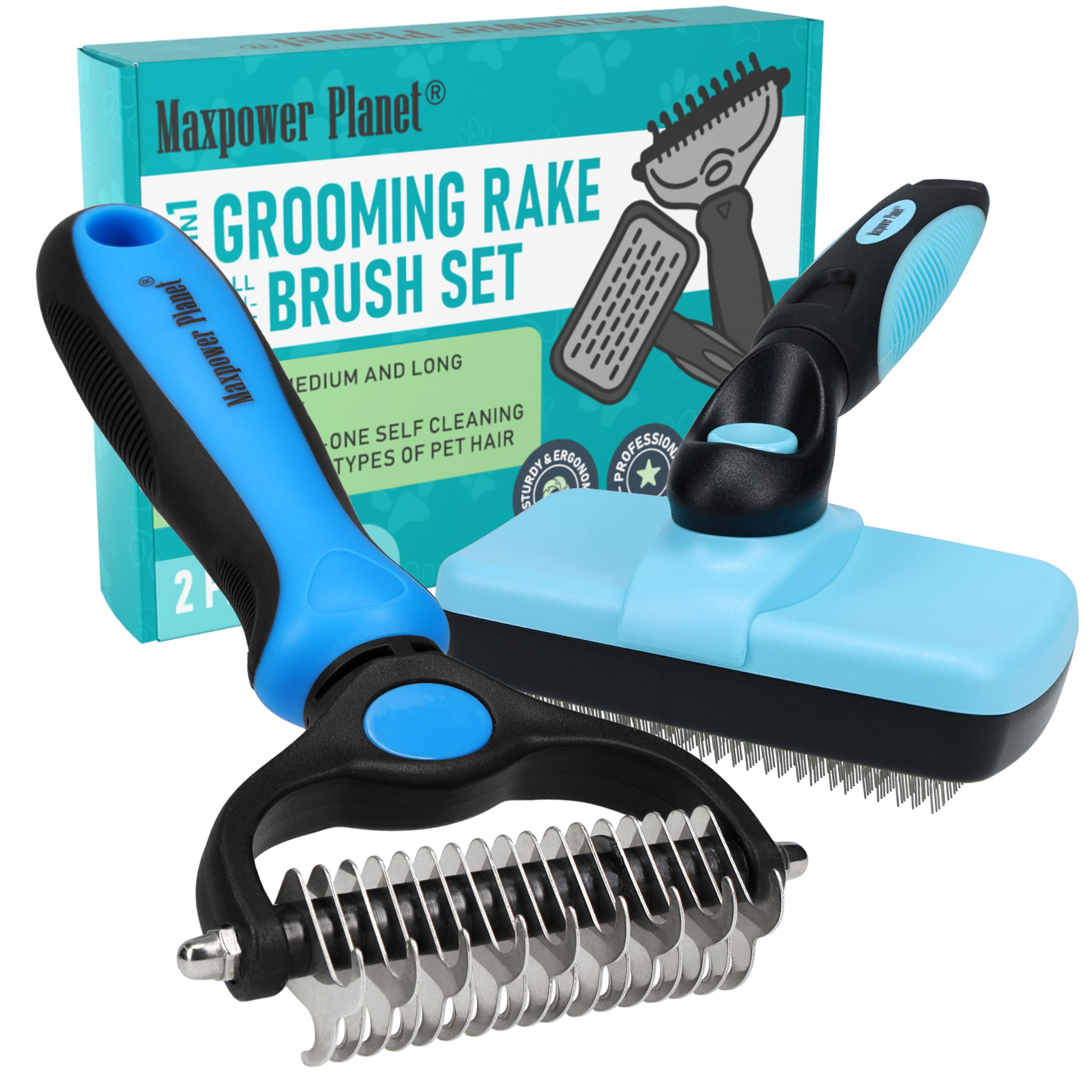 Maxpower Planet Dog Rake and Dog Hair Brush - Gently Removes Loose Undercoat, Mats and Tangled - Deshedding Grooming Tool for Dogs & Cats - Self