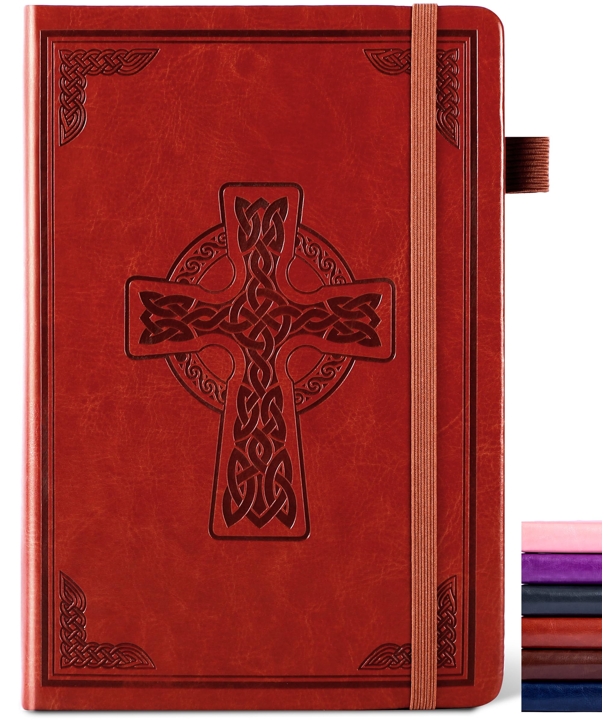 CAGIE Notizbuch mit Lederlinierung für Damen und Herren, geprägtes Kreuz, 320 Seiten, 100 g/m² dickes Papier, A5, Hardcover, Tagebuch, 14 x 21 cm, Rostbraun
