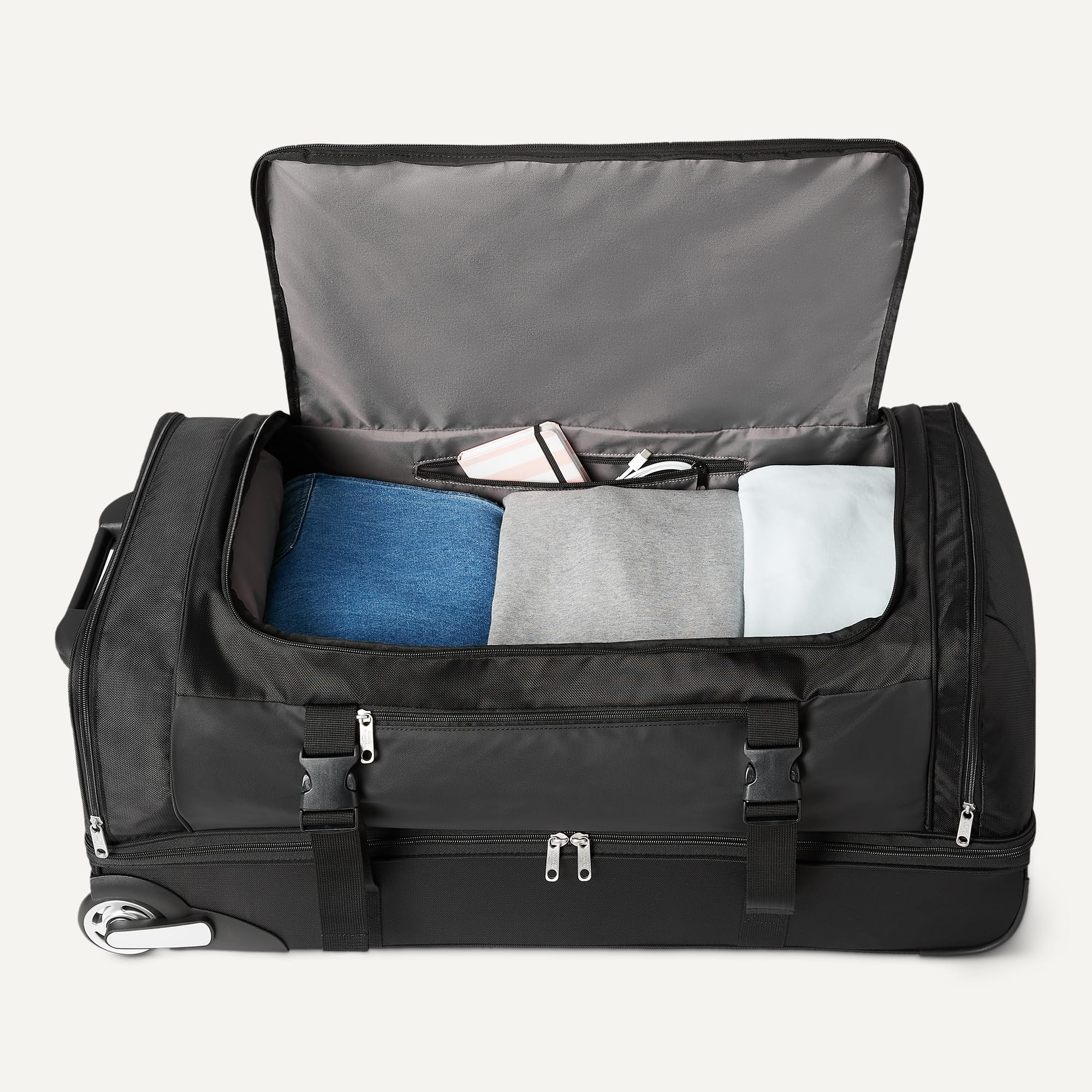 Amazon Essentials Reisetasche mit Rollen, 76,2cm, Aufgabegepäckgröße, Erweiterbar, mit Schuhfach und Teleskopgriff, Schwarz