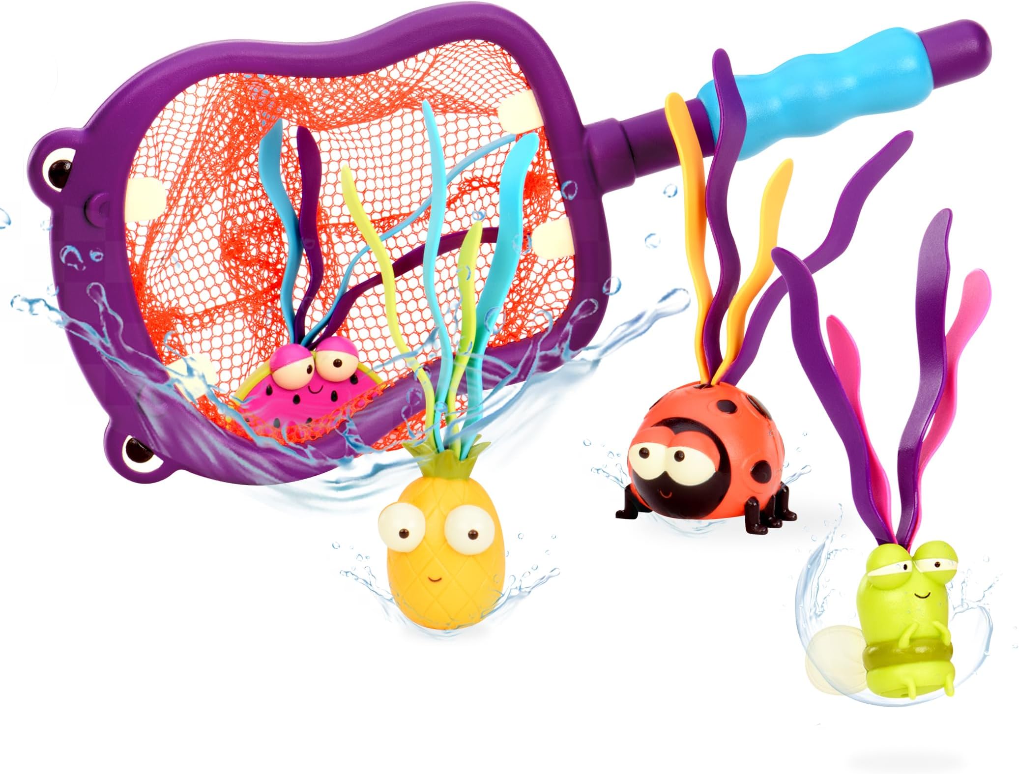 B. toys – Hippo Scoop-A – Dive and Retrieve Pool Game Set – Five-Piece Water Play Activity Featuring Net and Floating Characters – Interactive Summer Toy for Preschoolers – Age 3+