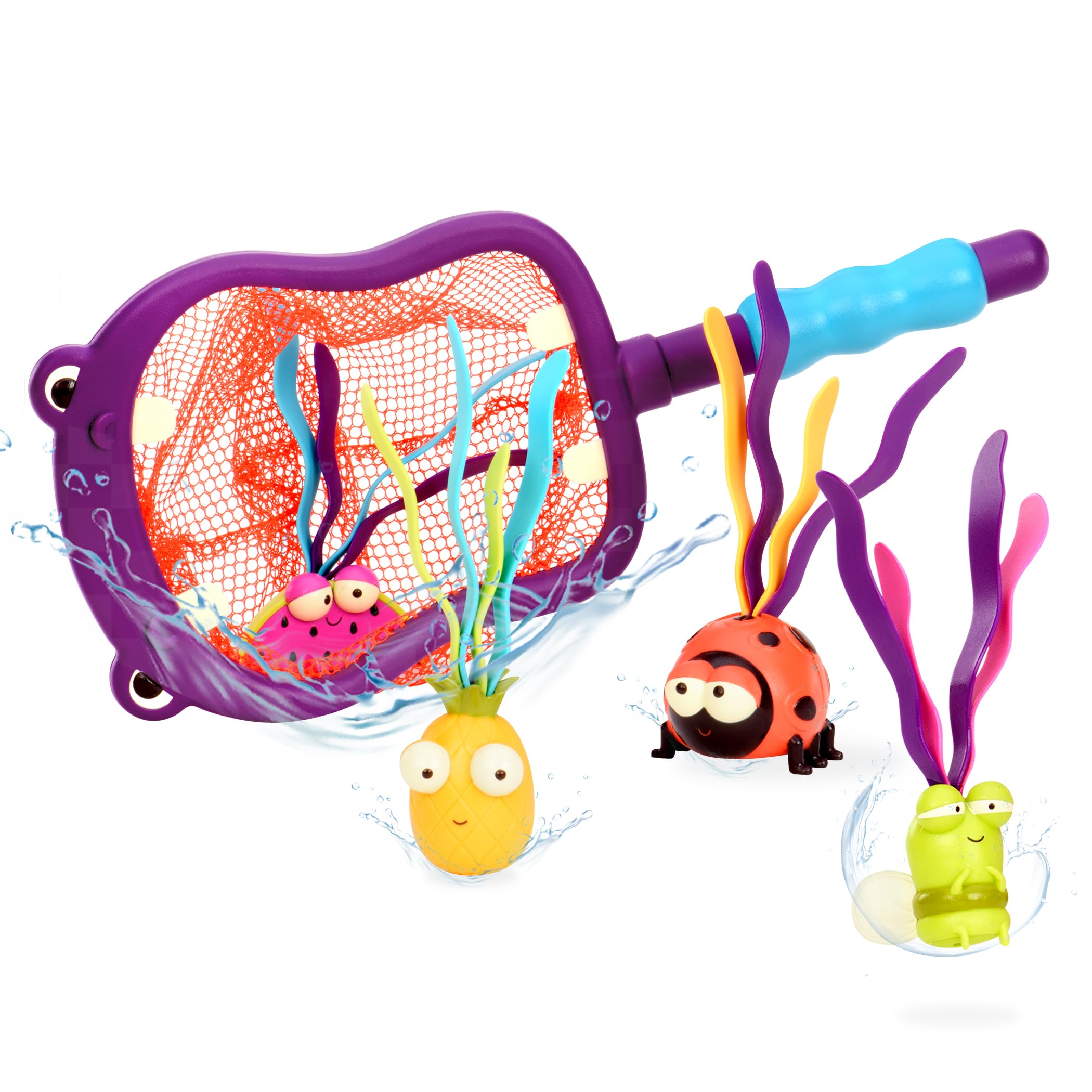 B. toys – Hippo Scoop-A – Dive and Retrieve Pool Game Set – Five-Piece Water Play Activity Featuring Net and Floating Characters – Interactive Summer Toy for Preschoolers – Age 3+