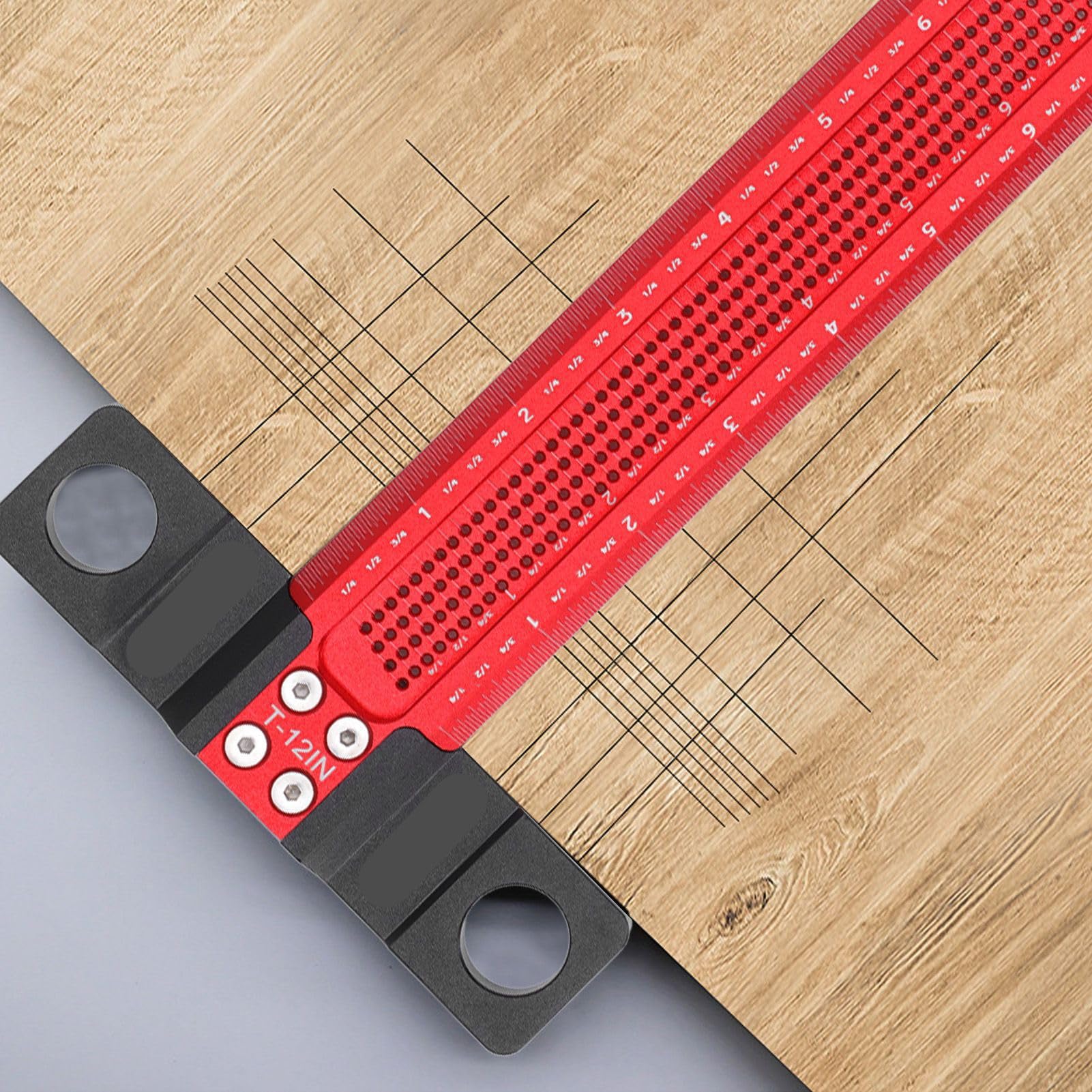 Regla en T para carpintería Calibre de marcado de orificios de 6 pulgadas Herramienta de medición de aleación de aluminio con orificios incrementales de 1/32 de pulgada Escala (30,5 cm/12 pulgadas)