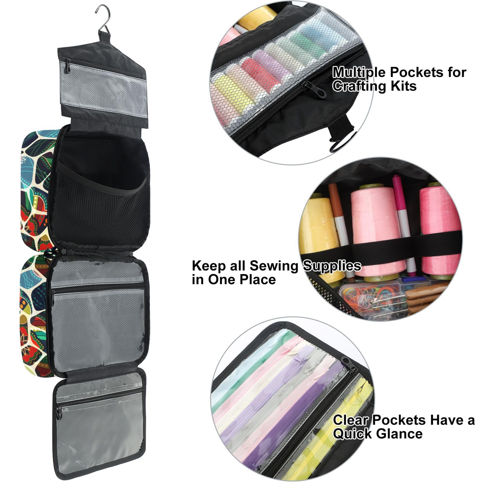 YNNALE Sewing Supply Organizer Bag, Ethnic Geometric Colorful Portable Sewing Bags with Pockets&Hanger, Sewing Storage Box Case for Sew Supplies/Kit/Tools/Accessories (BAG ONLY)