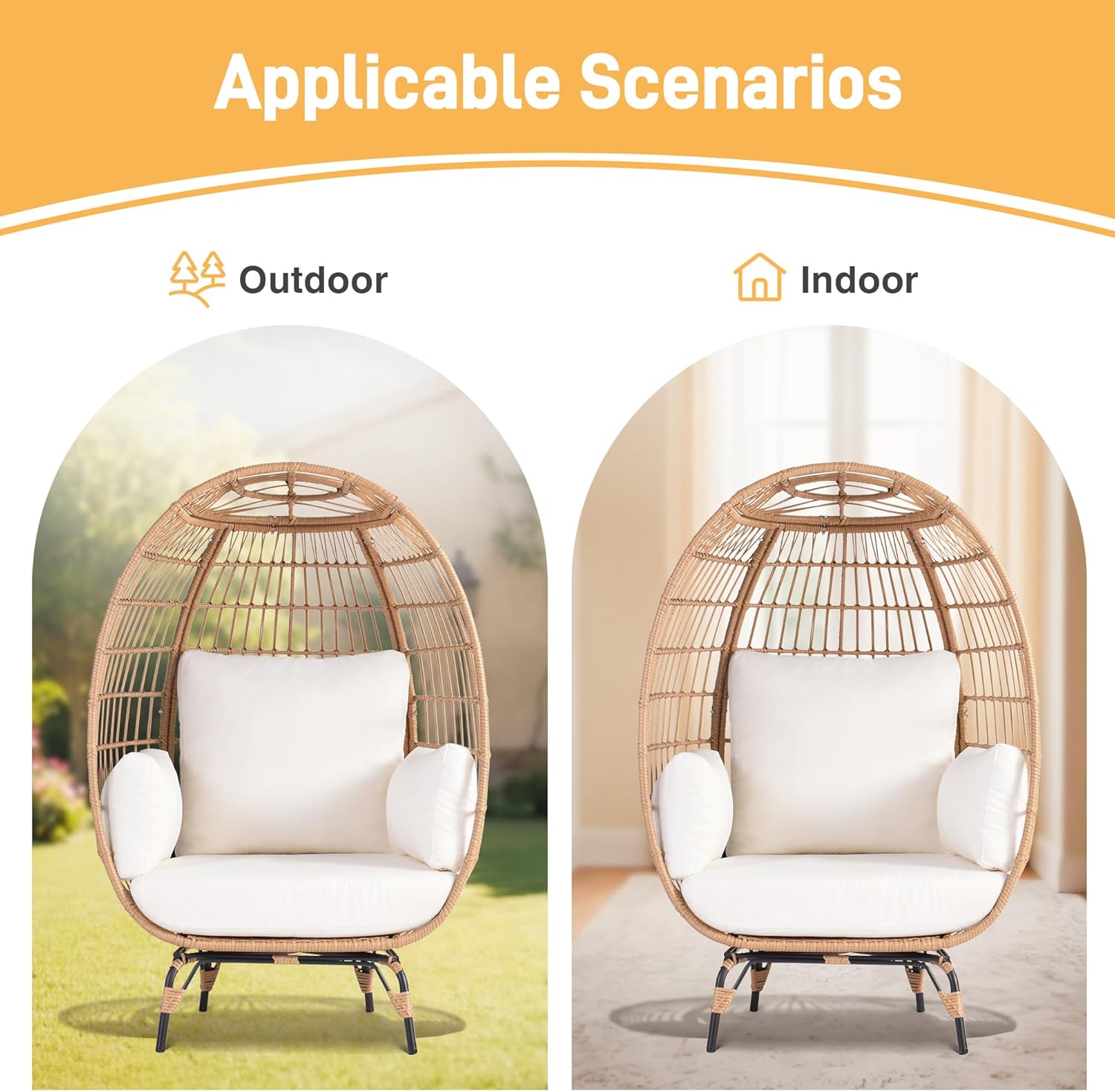 Outdoor Egg Chair, PE Wicker Chair 440 lbs Capacity, Patio Chairs with 4 Thicken Cushions, Oversized Lounge Chairs with Durable Steel Frame Perfect for Balcony, Backyard, Bedroom-Ivory