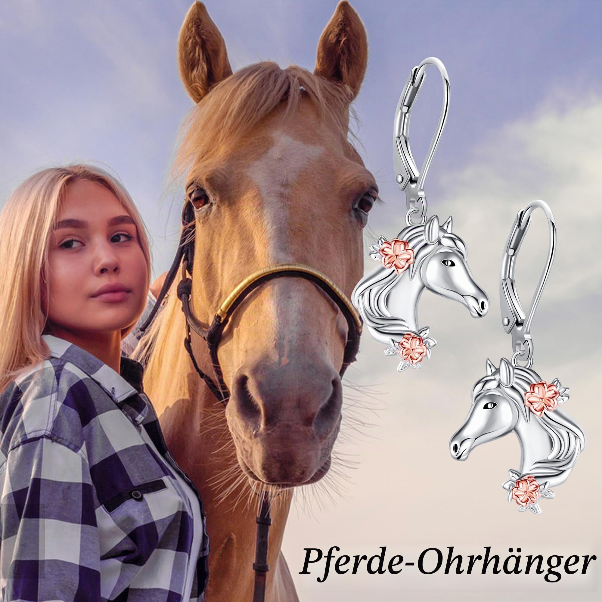 Pferde-Ohrringe Sterlingsilber Pferdekopf-Blume Baumelnde Ohrringe Pferdetier-Schmuck Geschenke für Frauen und Mädchen