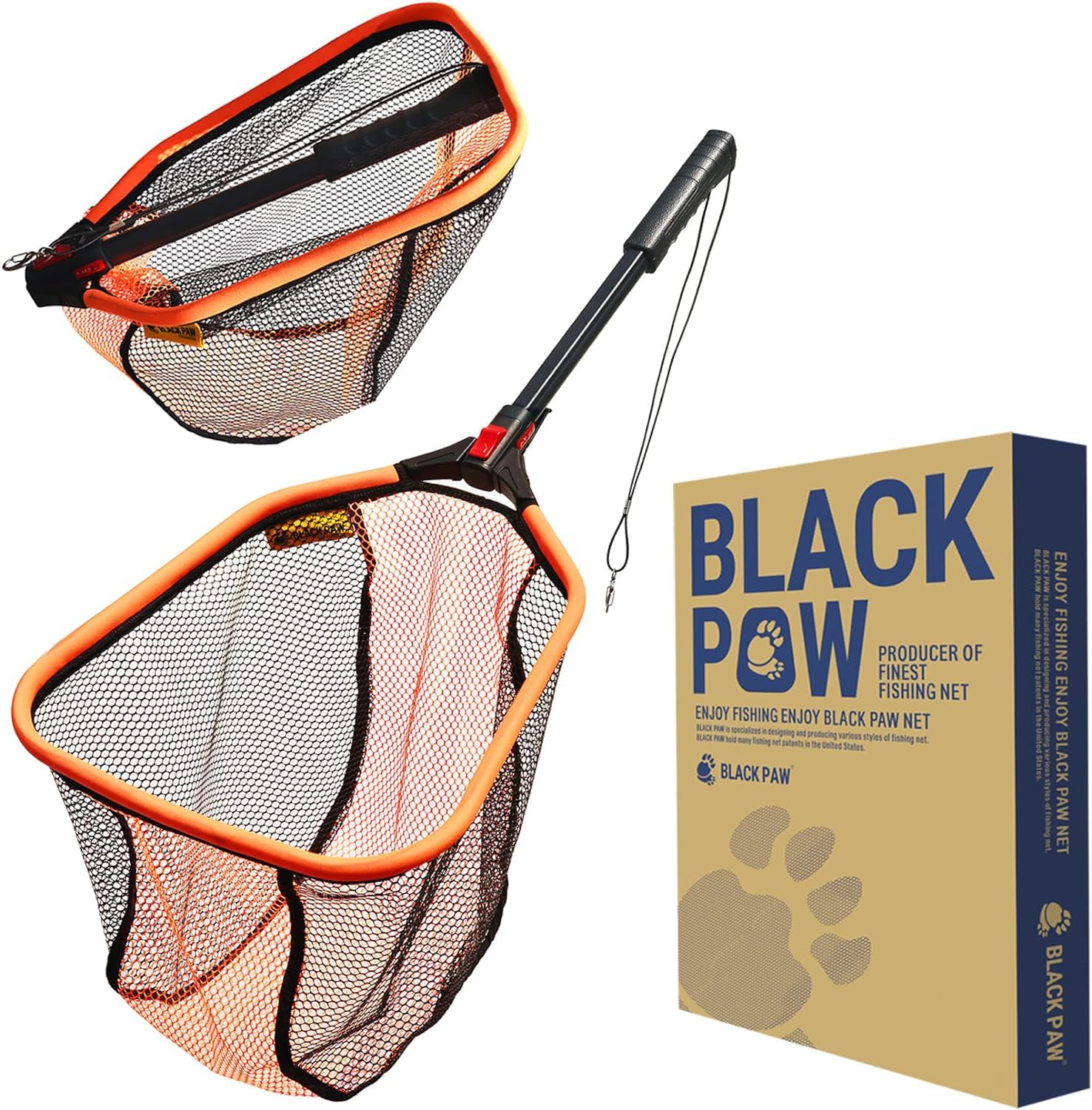 Black Paw Floating Fishing Net - Foldable, Rubber Coated Landing Net with Neoprene Foam Edging, Aerospace-Grade Aluminum, Upgrade EVA Handle for Easy Catch & Release of Fly, Salmon, Bass