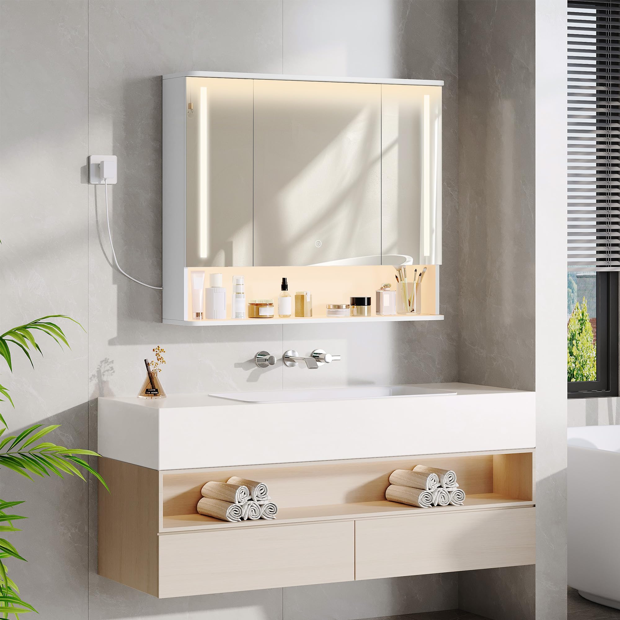 Hzuaneri Armario de Baño con LED, 3 Color, 3 Puertas, 21 x 90 x 76 cm | Iluminación LED Superior e Inferior, Mueble Baño con Estantes Ajustables, 5490103XEU