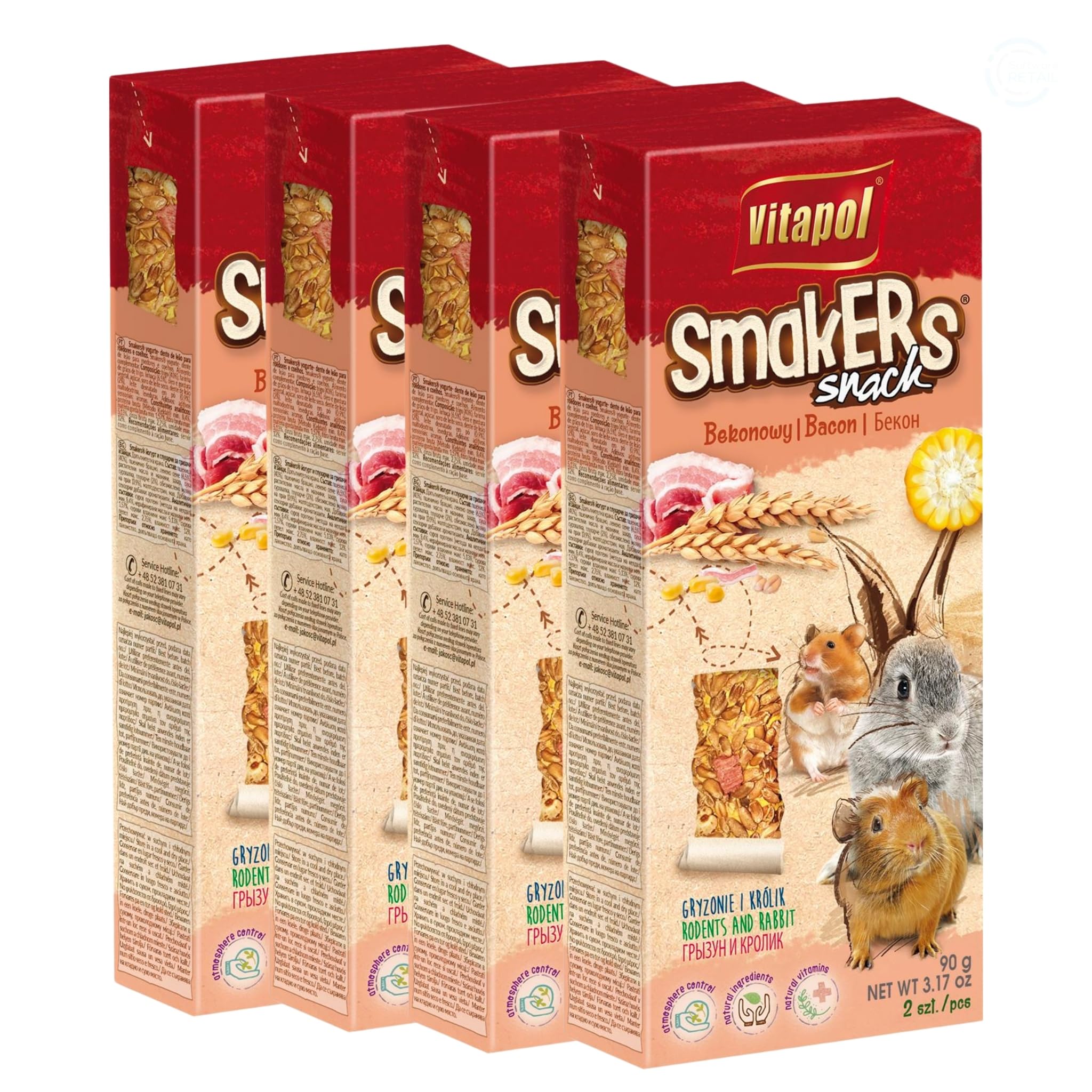 Vitapol Smakers® Natural Treat Sticks for Rodents & Rabbits – Enriched with Fruits, Vegetables, Herbs, Nuts & Probiotic Yoghurt – Healthy Complementary Snacks (8pcs, 360g, Bacon)