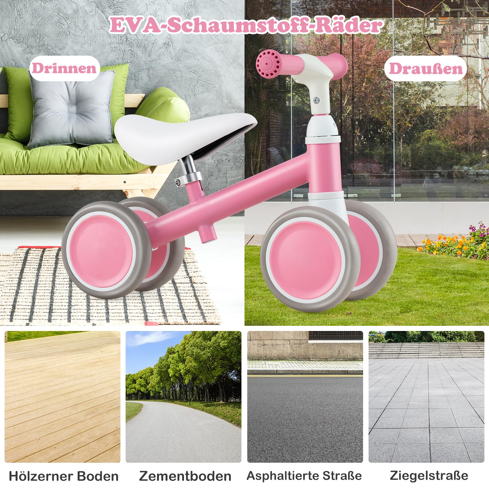 COSTWAY Laufrad ab 1 Jahr, Lauflernrad mit 4 Räder, Baby Spielzeug mit höhenverstellbarem Griff und Sitz, Balance Rutschrad, Geschenk für Jungen und Mädchen zum 1 Geburtstag