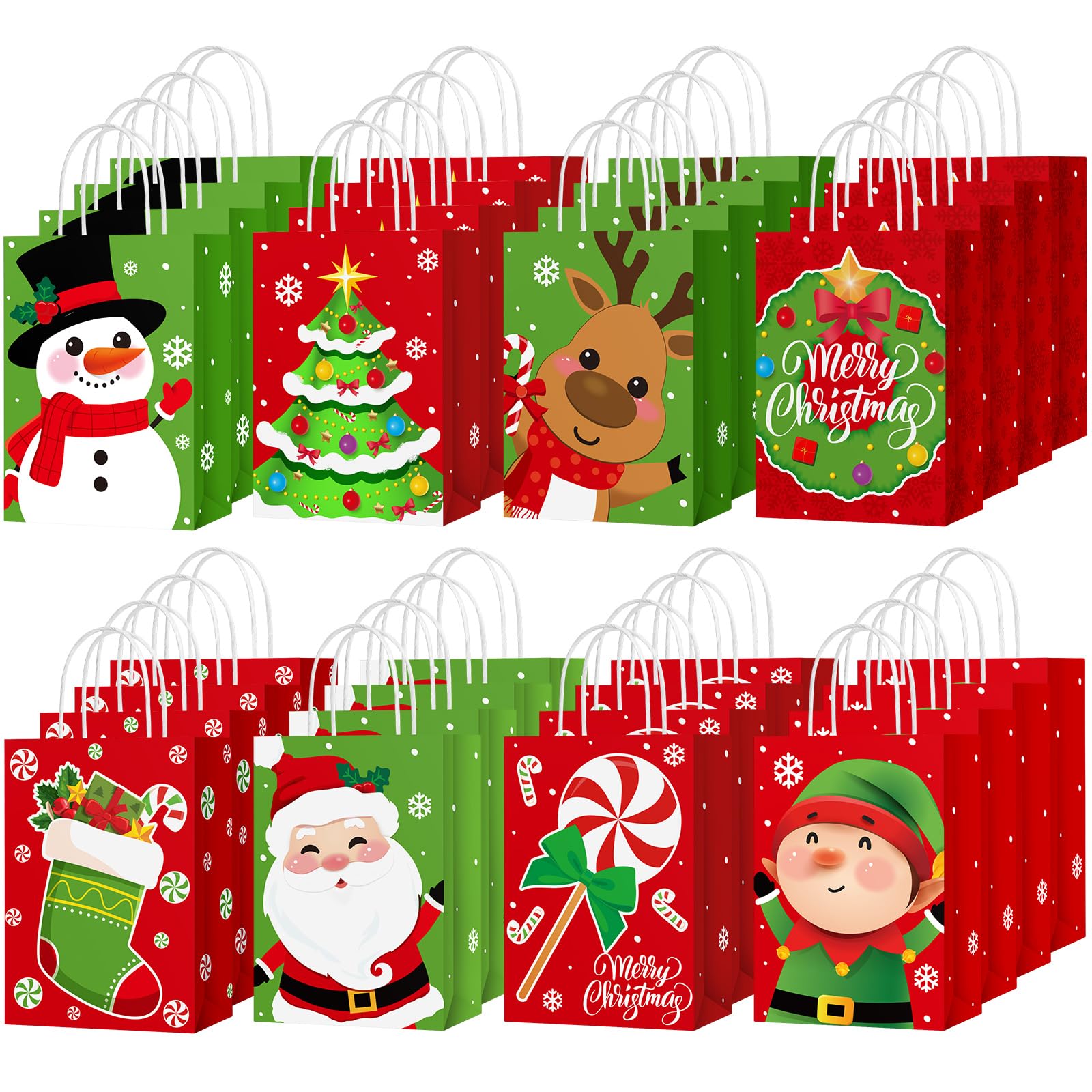 Yeaqee Lot de 80 petits sacs cadeaux de Noël en papier kraft avec poignées en vrac pour emballage cadeau de Noël, fournitures de fête de vacances, 21 x 15 x 8 cm (Père Noël, élan)