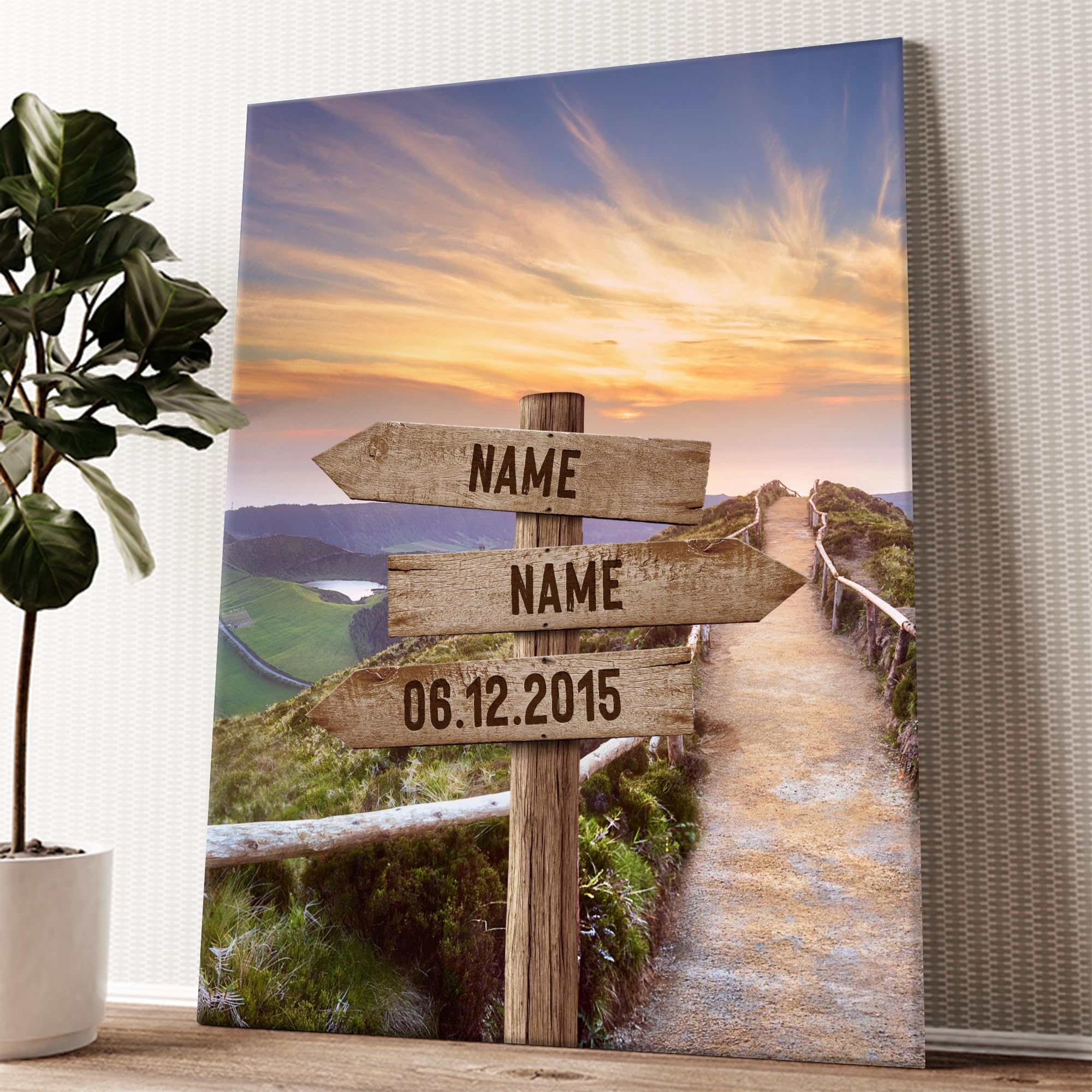 Liebesleinwand Leinwandbild personalisiert | Leinwand gestalten mit Namen und Datum Geschenk für Partner | Wegweiser zur Aussicht