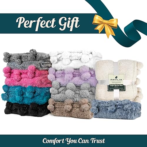 Miniatura 7 de PAVILIA Manta de sherpa de color rosa intenso con flecos de pompones suaves, acogedora y cálida para sofá y cama, manta de forro polar mullido con