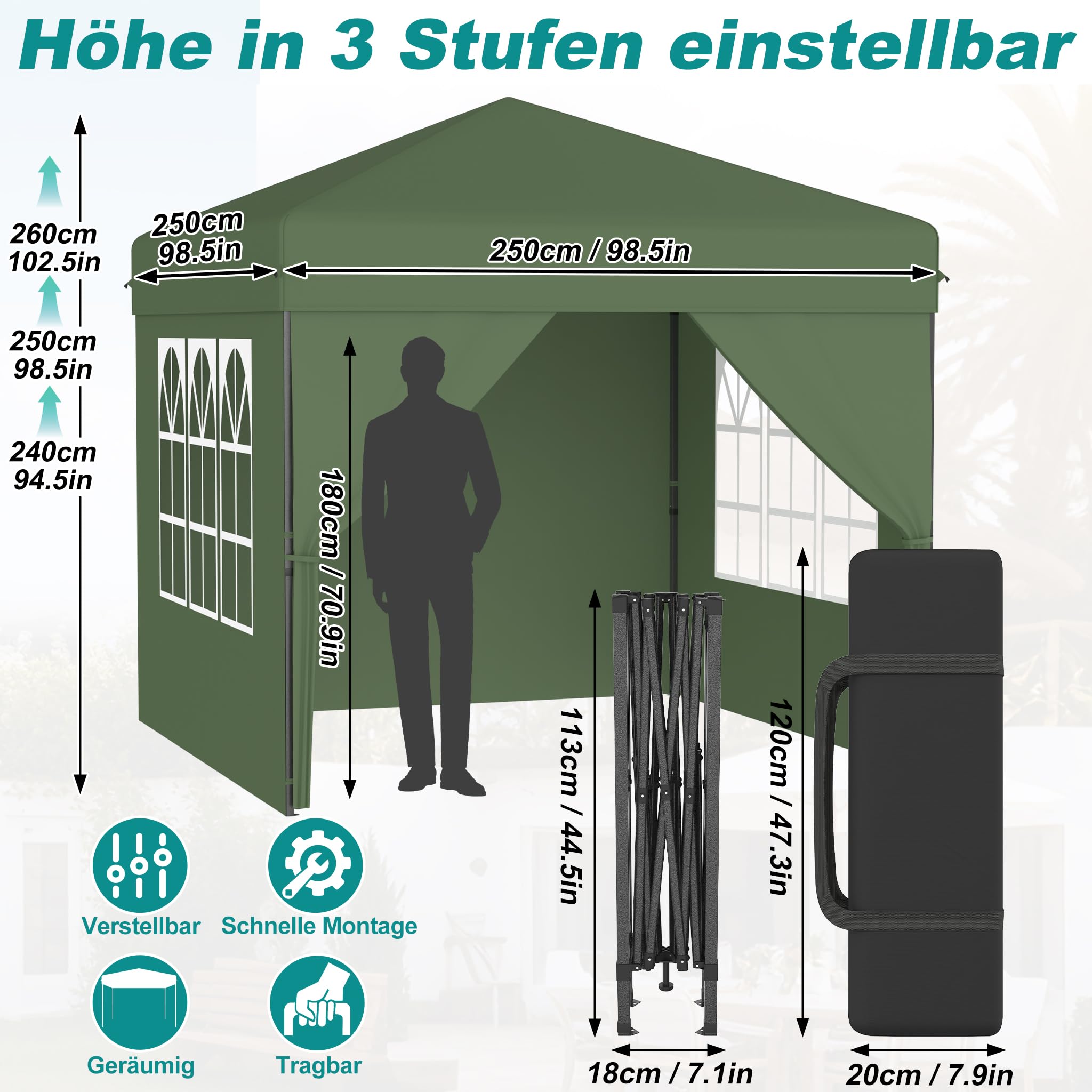 ACXIN Gazebo 2,5 x 2,5 m tenda pop-up pieghevole con 3 livelli di altezza regolabile, tenda per feste con tetto argento-Oxford, gazebo da giardino con corde picchetti e borsa per il trasporto (verde