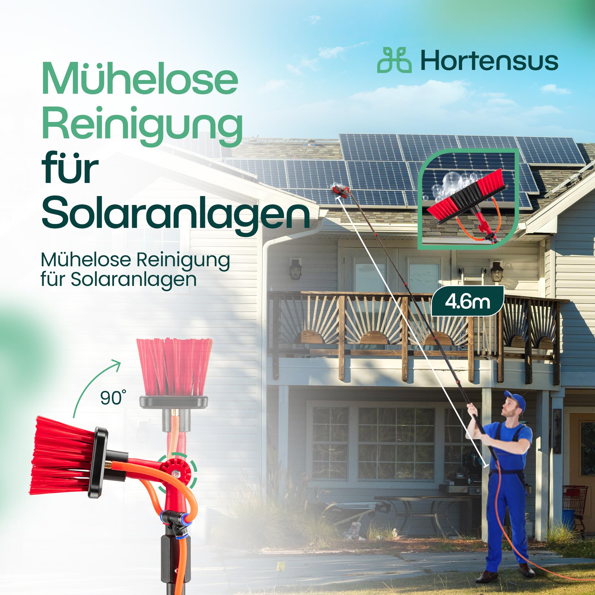 Teleskop Waschbürste mit Wasseranschluss, 4,6 m | Ausziehbarer Teleskopstiel, Für Autos, Wohnmobile, Photovoltaik, Solaranlagen, Terrassendächer, Fassaden, Dakgootreiniging