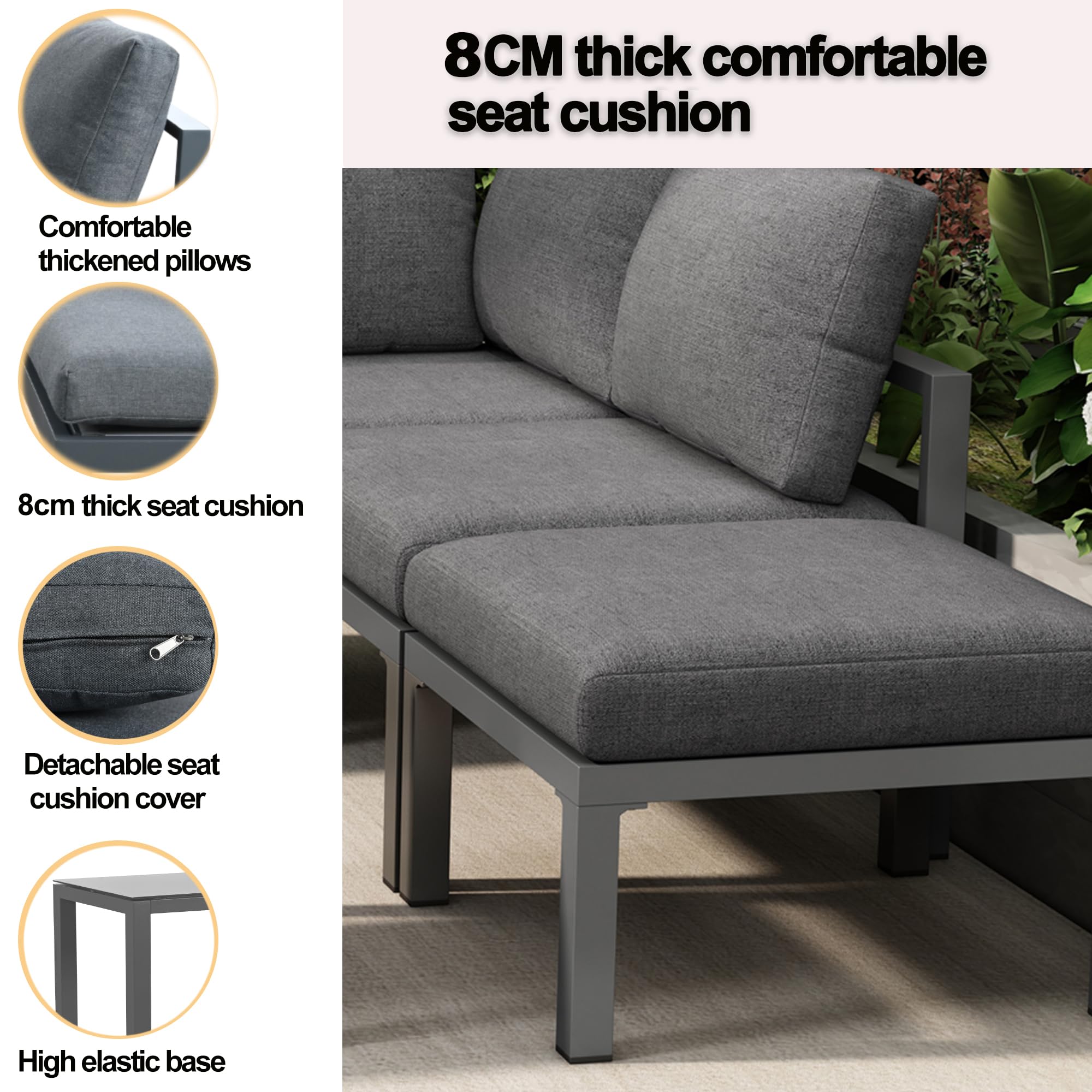 Set di 5 mobili da giardino da balcone per 4 – 5, per esterni, con 2 divani doppii, 1 sgabello e 2 tavoli, salone ad angolo, resistente alle intemperie, divano lounge in ferro zincato, grigio