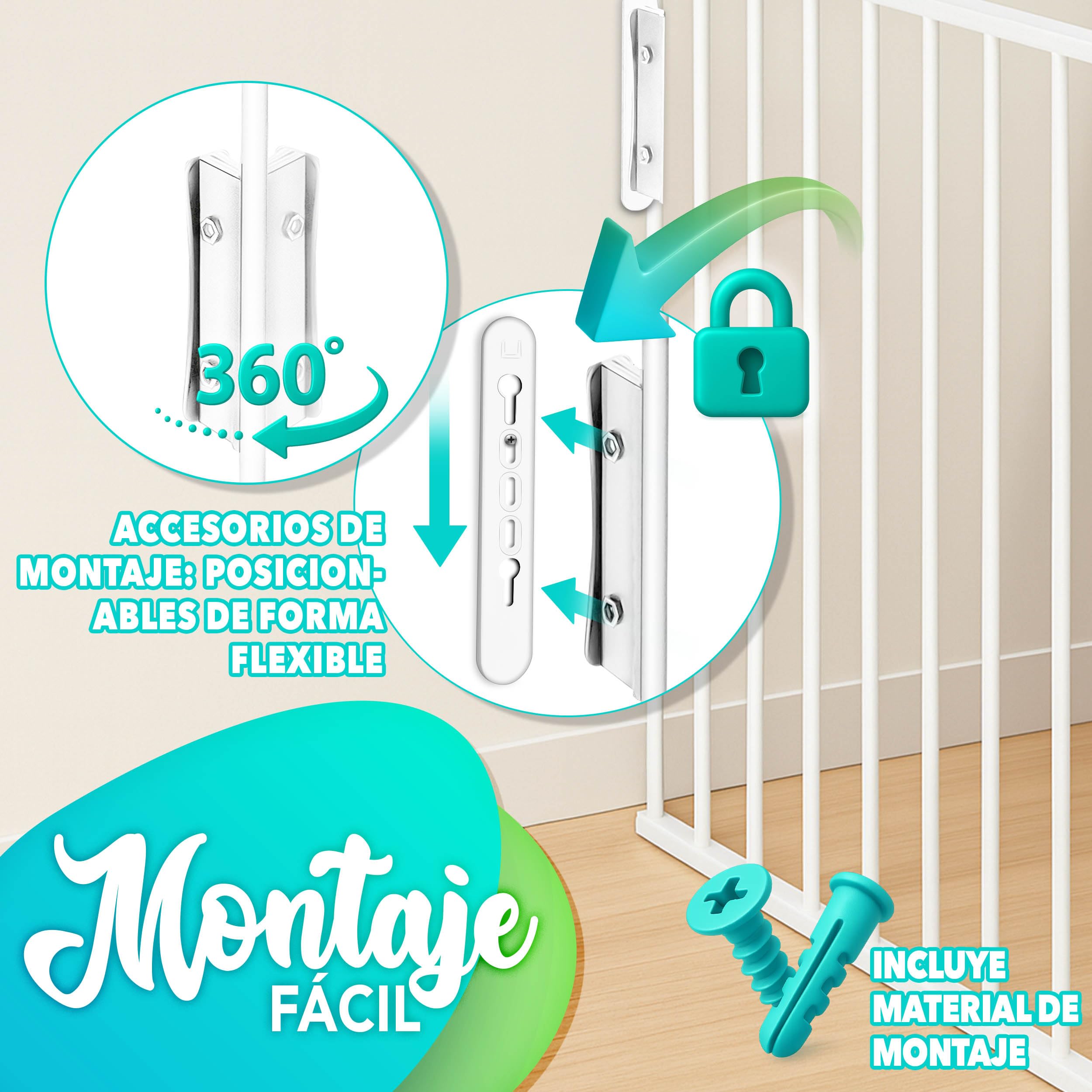 KIDUKU® Barrera de Seguridad 300 cm para Niños y Mascotas | Reja de Protección de Metal - Premontado | Rejilla Protectora Metálica Plegable con Puerta | 5 Paneles