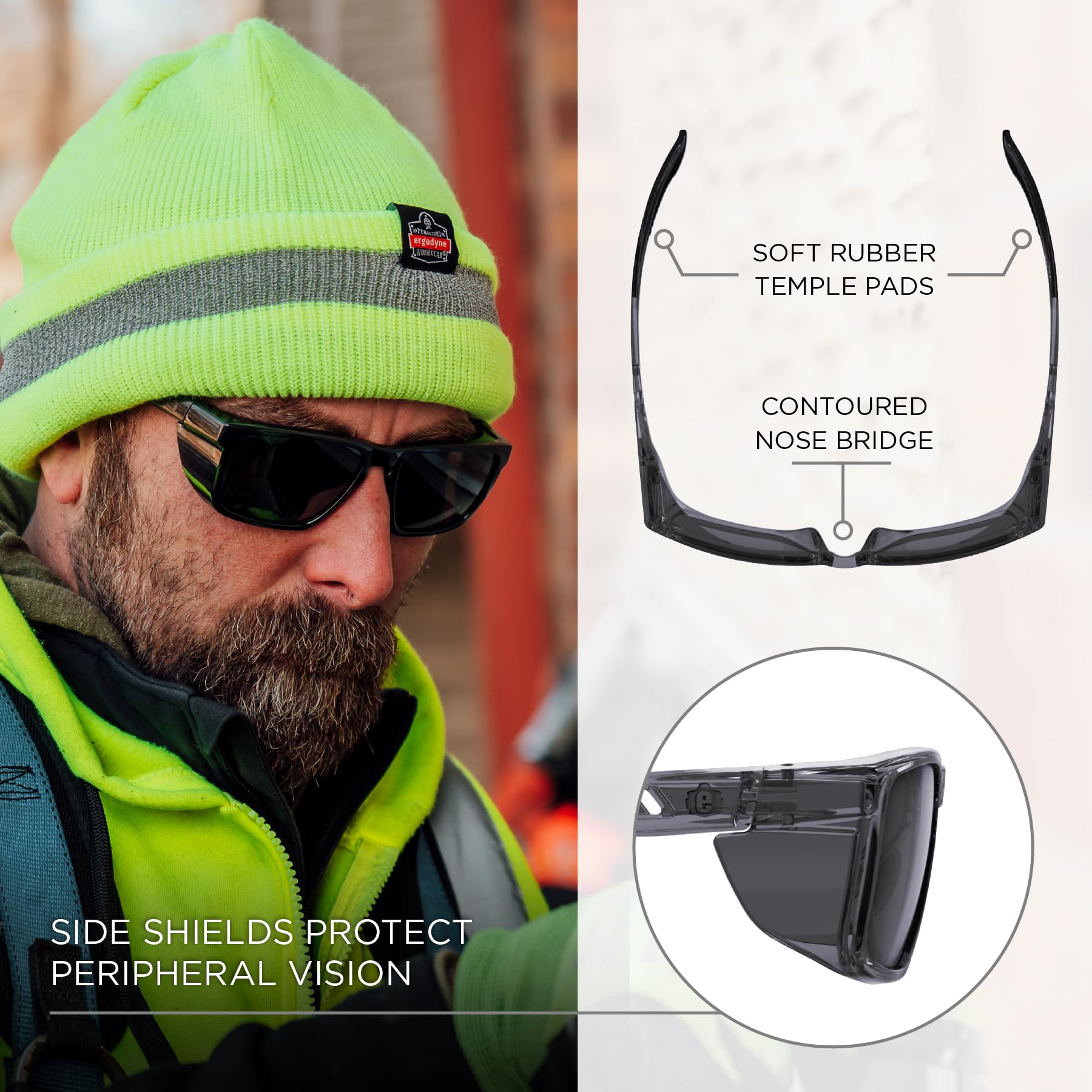 Ergodyne Lunettes de sécurité Skullerz SIXTEN avec protections latérales, anti-buée et anti-rayures, ANSI z87.1 avec sac de protection pour nettoyer et ranger les lunettes en microfibre