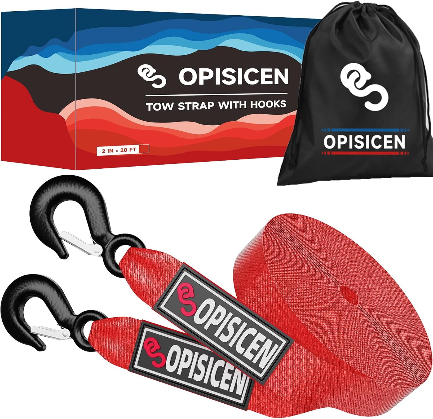 Tow Strap with Hooks 2 Inch x 20 Foot - 15,216 lbs Breaking Strength Emergency Heavy Duty Capacity Tow Rope Forged Steel Hooks for Car Truck Jeep ATV SUV, Roadside Recovery (Red, 2" x 20') 2" x 20' Red